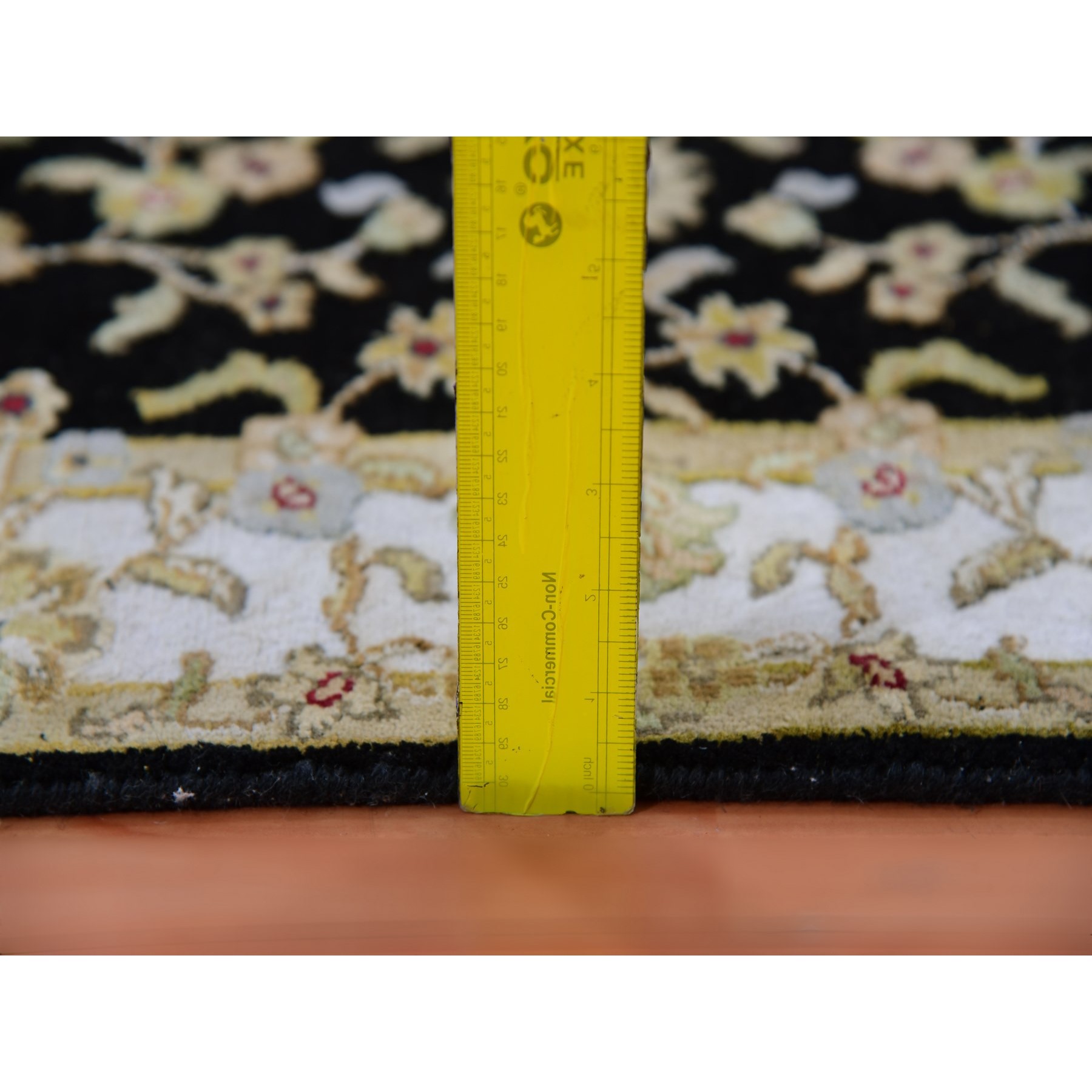 3'1"x12'2" Caviar Black, Wool and Silk Rajasthan Design Thick and Plush, All Over Leaf Pattern, Hand Knotted Oriental Runner Rug HR75384 - Image 6