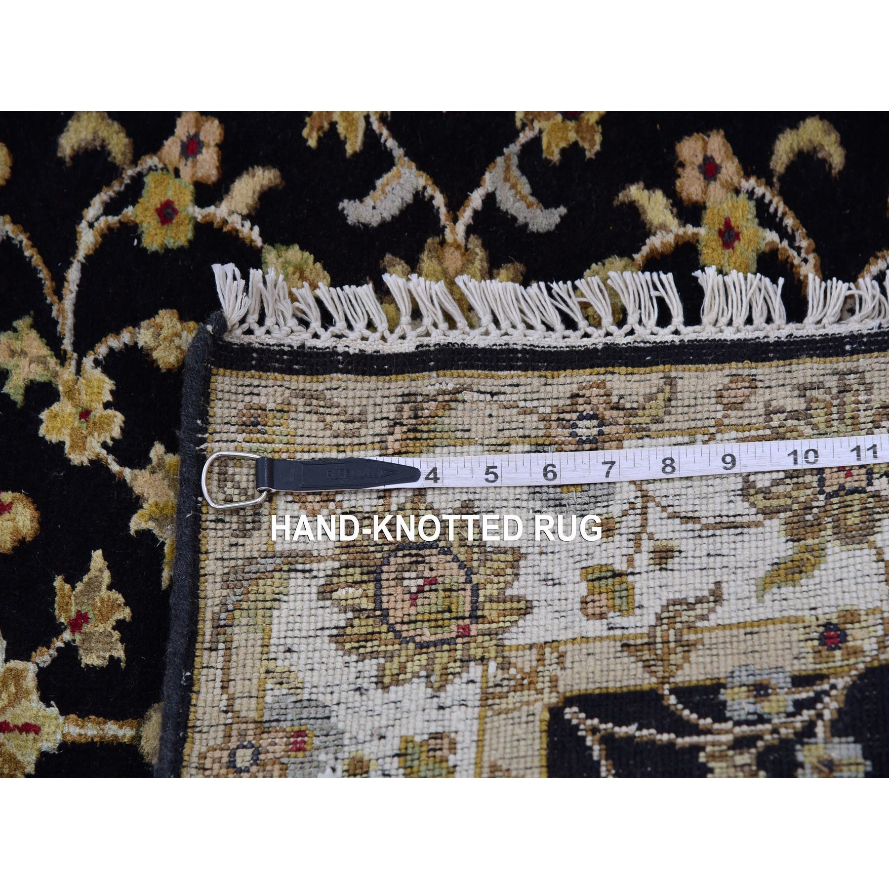 3'1"x12'2" Caviar Black, Wool and Silk Rajasthan Design Thick and Plush, All Over Leaf Pattern, Hand Knotted Oriental Runner Rug HR75384 - Image 7