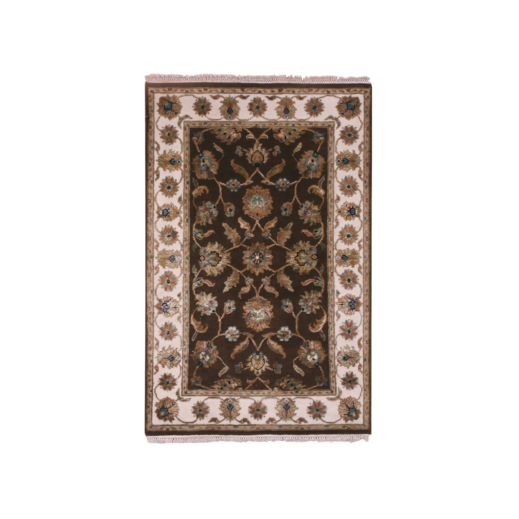 3'x5'1" Breen Brown, Hand Knotted Wool and Silk, Rajasthan With All Over Leaf Design, Thick and Plush, Oriental Rug HR75400