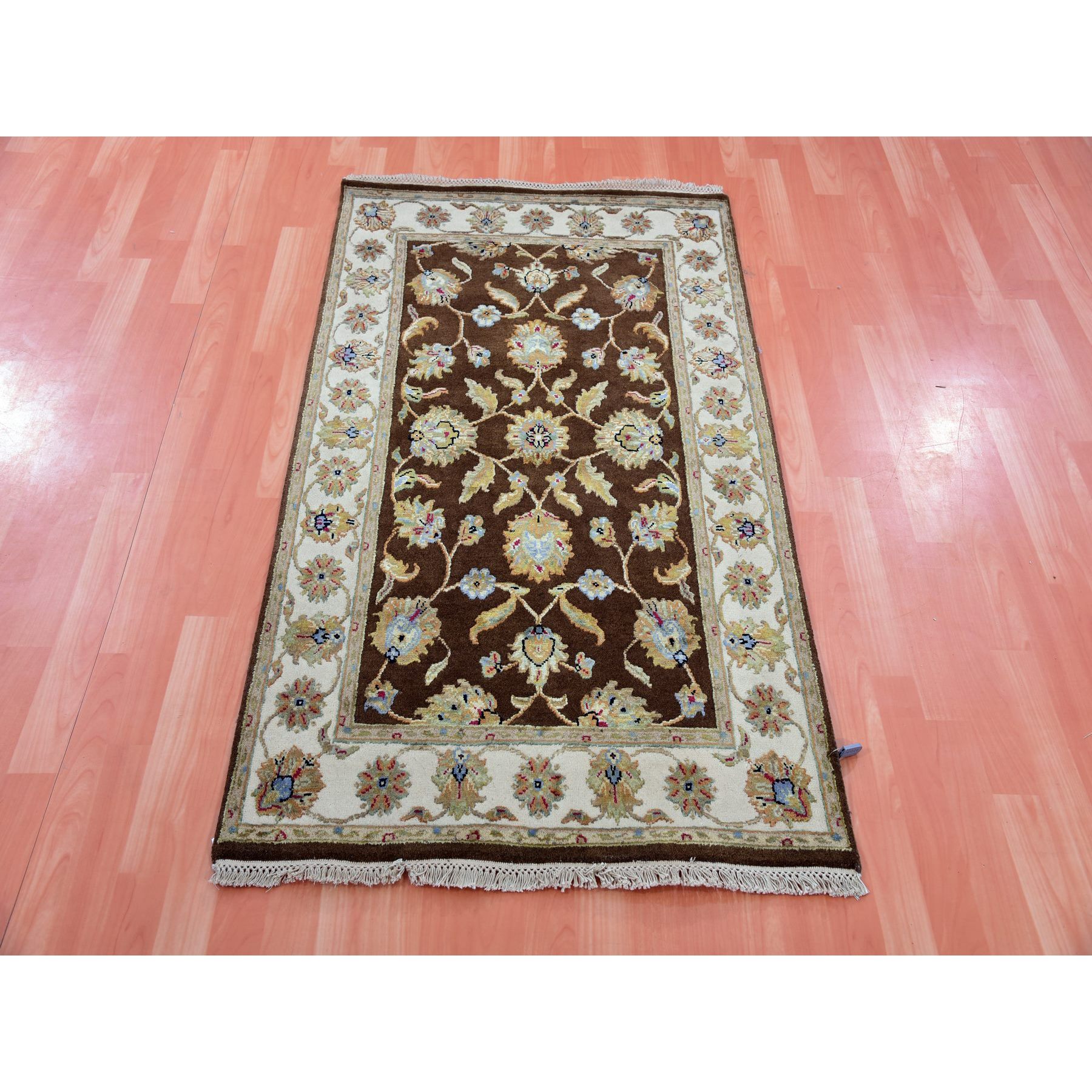 3'x5'1" Breen Brown, Hand Knotted Wool and Silk, Rajasthan With All Over Leaf Design, Thick and Plush, Oriental Rug HR75400 - Image 2