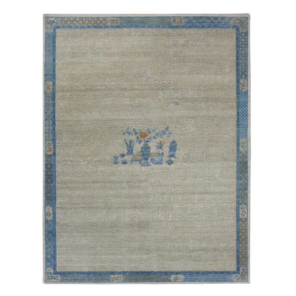 9'1"x12'1" Ash Gray, Antique Chinese Inspired,  Open Field with Flower Bouquet, Ming Dynasty,100% Wool, Hand Knotted Oriental Rug HR75409