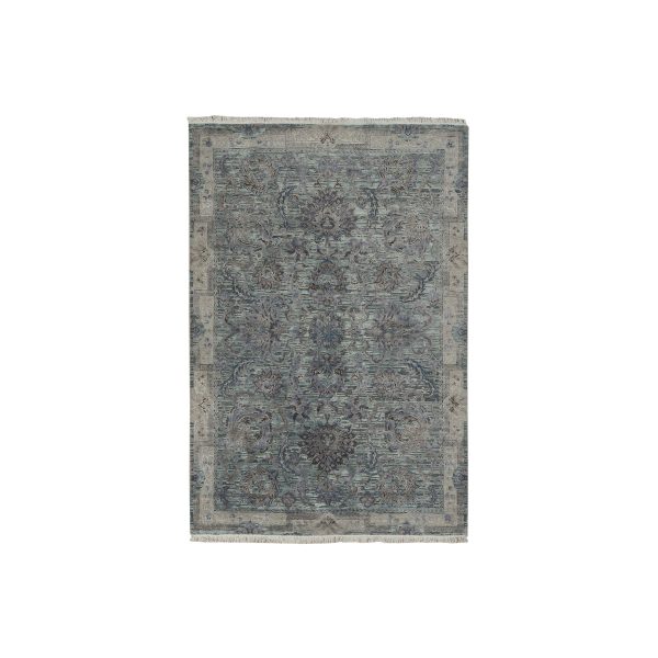 6'1"x9'1" Light Green, Pure Silk with Textured Wool, Mughal Design, Hand Knotted, Oriental Rug HR78110