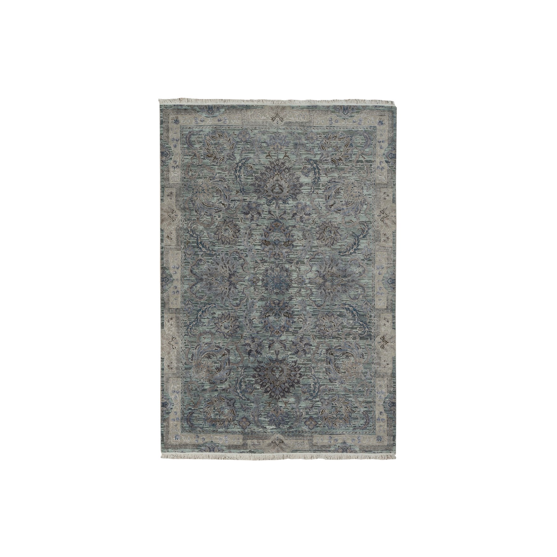 6'1"x9'1" Light Green, Pure Silk with Textured Wool, Mughal Design, Hand Knotted, Oriental Rug HR78110