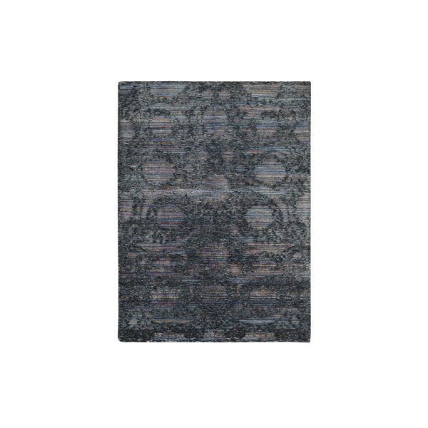 5'10"x7'10" Eerie Black, Erased, Handspun Wool and Silk, Gabbeh Obscured Design, Thick and Plush, Handmade, Oriental Rug HR78112