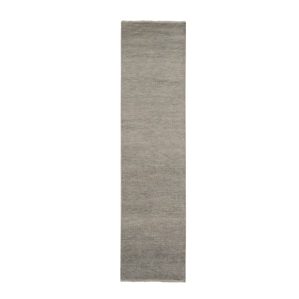 2'6"x9'10" Cloud Gray, Grass Design, Wool and Silk, Hand Knotted, Runner Oriental Rug HR78114