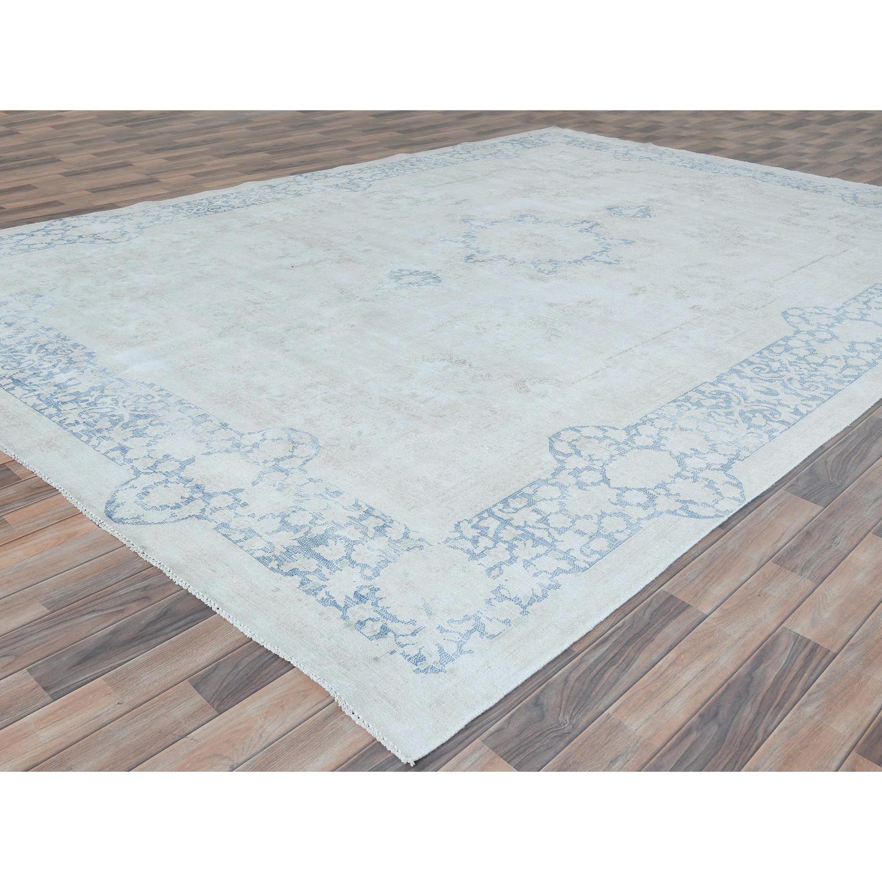 9'7"x13'10" Light Blue Worn Wool, Cropped Thin, Hand Knotted Distressed Look Shabby Chic Semi Antique Persian Kerman Oriental Rug HR81617 - Image 4
