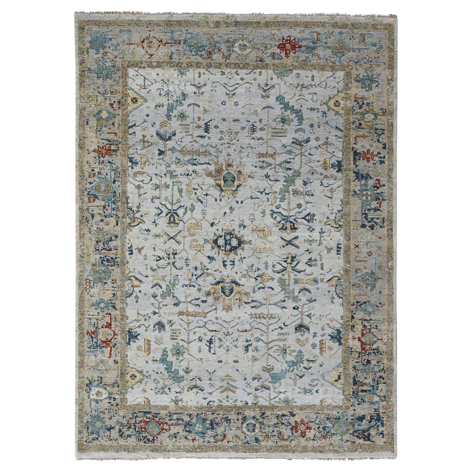 8'10"x12' Blueberry Muffin Blue and Heavenly Gray, Broken Persian Heriz Erased With All Over Pattern, Denser Weave, Hand Knotted 100% Wool, Oriental Rug HR84915