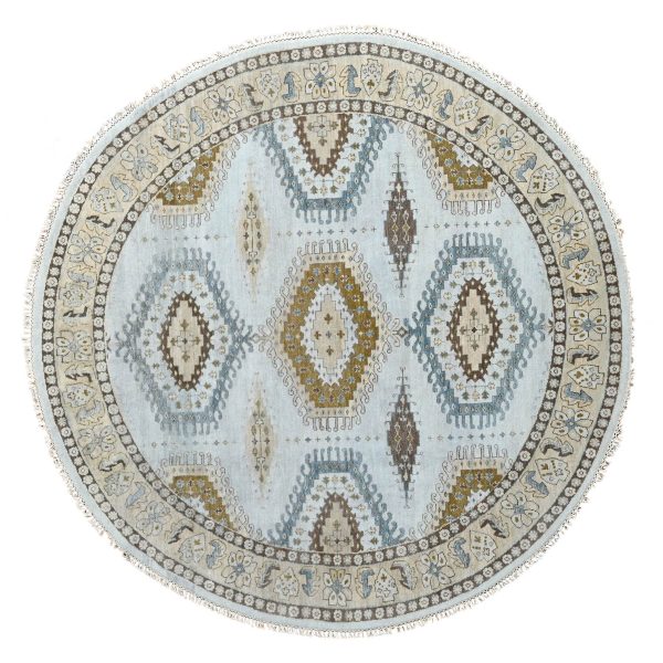 8'x8' Gossamer Veil Gray, Shiny Wool Densely Woven, Persian Village Influence Large Medallion Design, Natural Dyes, Hand Knotted Oriental Round Rug HR84921