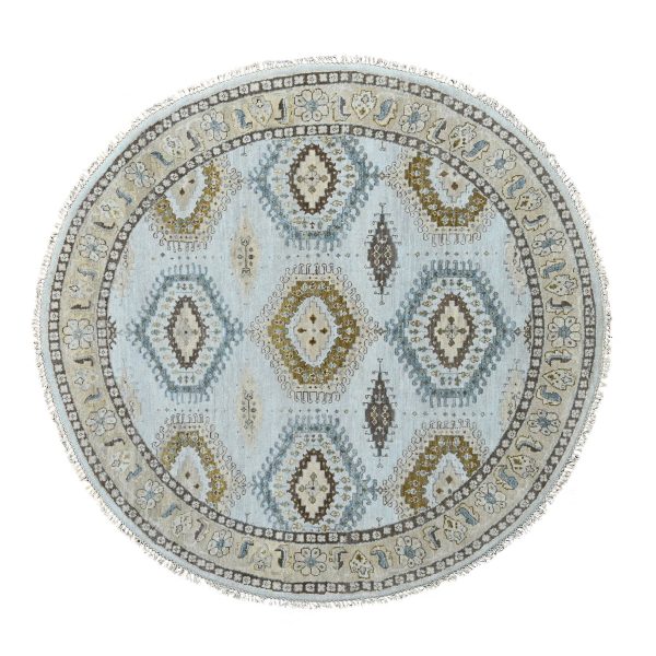 6'x6' Oyster Gray, Persian 100% Wool Village Inspired Geometric Diamond Pattern, Denser Weave, Hand Knotted Vegetable Dyes, Round Oriental Rug HR84922