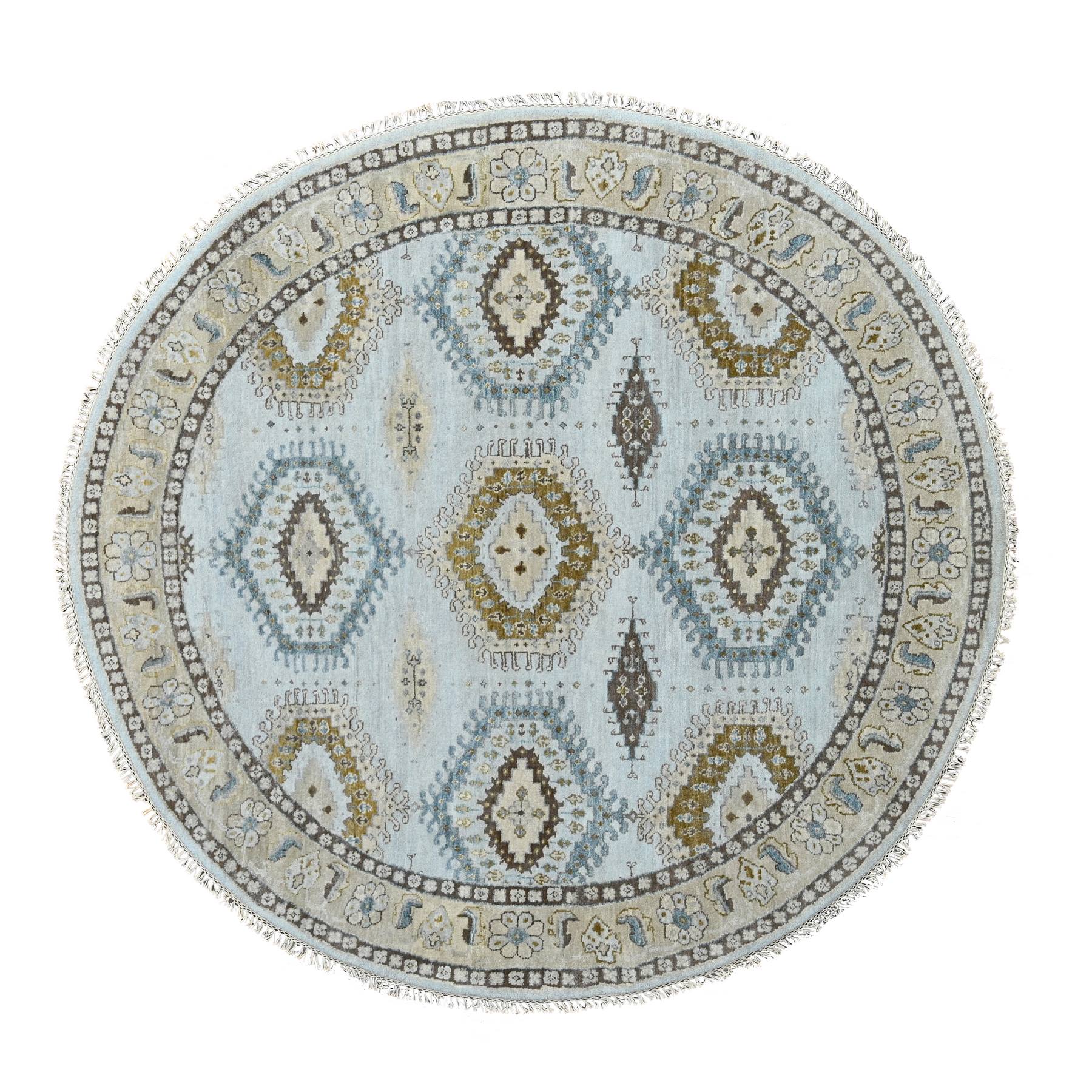 6'x6' Oyster Gray, Persian 100% Wool Village Inspired Geometric Diamond Pattern, Denser Weave, Hand Knotted Vegetable Dyes, Round Oriental Rug HR84922