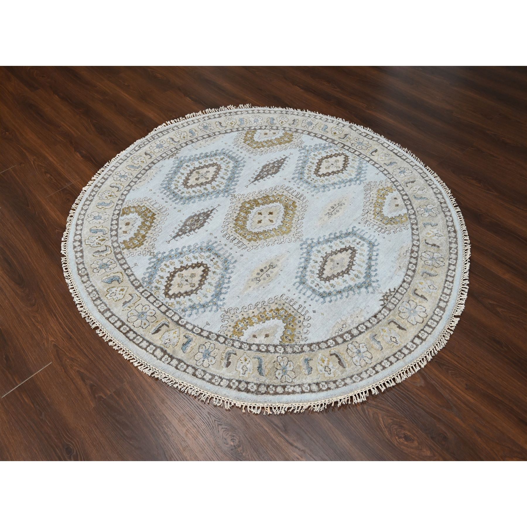 6'x6' Oyster Gray, Persian 100% Wool Village Inspired Geometric Diamond Pattern, Denser Weave, Hand Knotted Vegetable Dyes, Round Oriental Rug HR84922 - Image 2