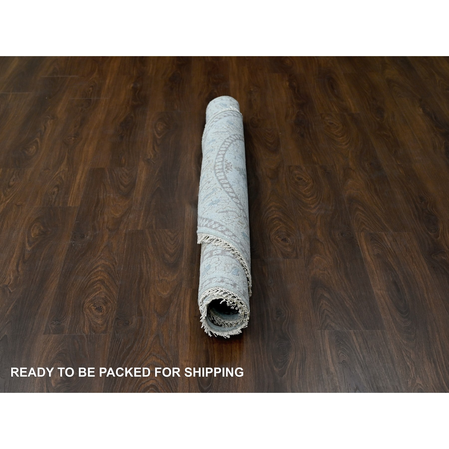6'x6' Oyster Gray, Persian 100% Wool Village Inspired Geometric Diamond Pattern, Denser Weave, Hand Knotted Vegetable Dyes, Round Oriental Rug HR84922 - Image 6