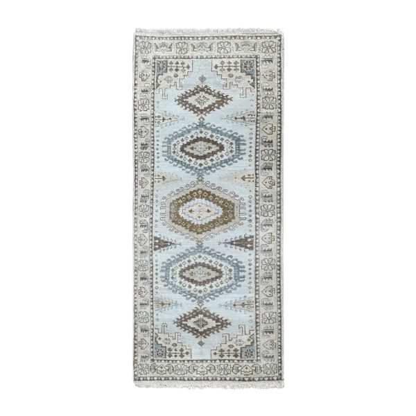 2'9"x6' Krypton Gray, Hand Knotted, Soft and Velvety Wool, Persian Village Inspired Geometric Medallions Design, Densely Woven, Runner Oriental Rug HR84925