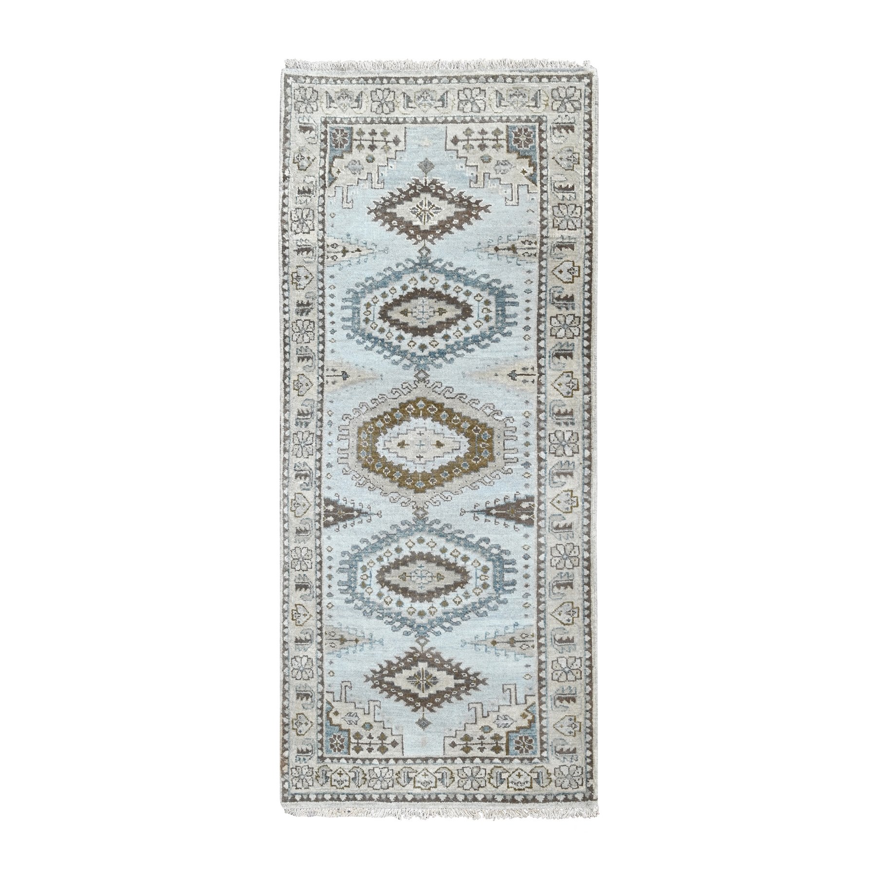 2'9"x6' Krypton Gray, Hand Knotted, Soft and Velvety Wool, Persian Village Inspired Geometric Medallions Design, Densely Woven, Runner Oriental Rug HR84925