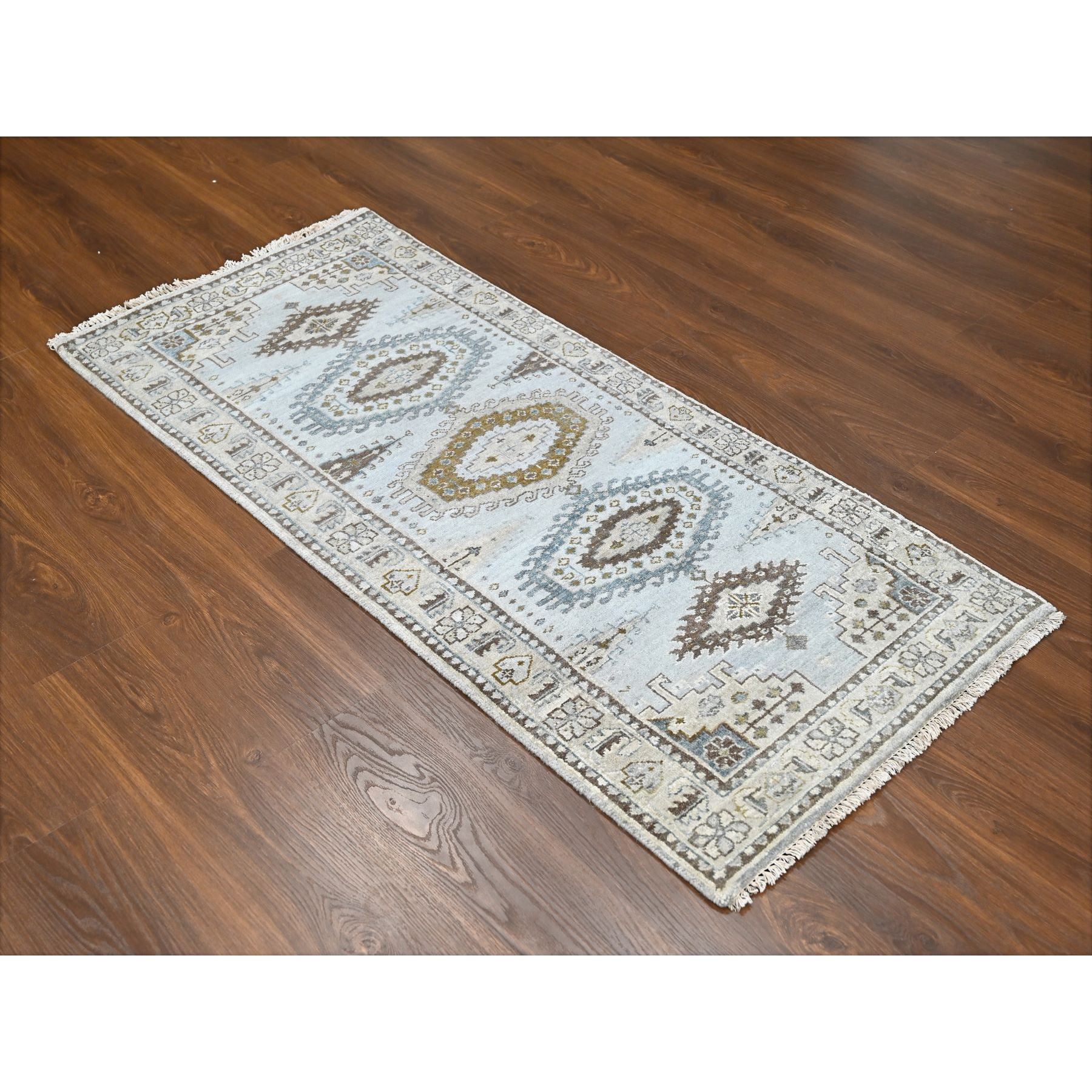 2'9"x6' Krypton Gray, Hand Knotted, Soft and Velvety Wool, Persian Village Inspired Geometric Medallions Design, Densely Woven, Runner Oriental Rug HR84925 - Image 2