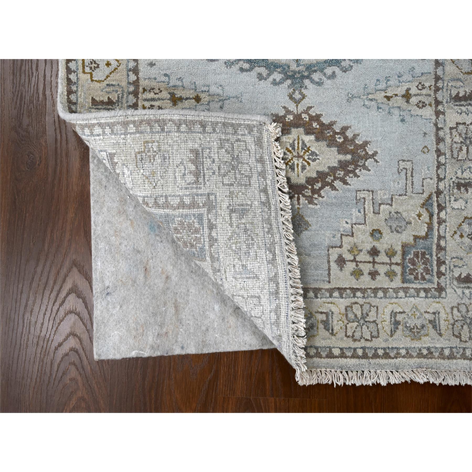 2'9"x6' Krypton Gray, Hand Knotted, Soft and Velvety Wool, Persian Village Inspired Geometric Medallions Design, Densely Woven, Runner Oriental Rug HR84925 - Image 3