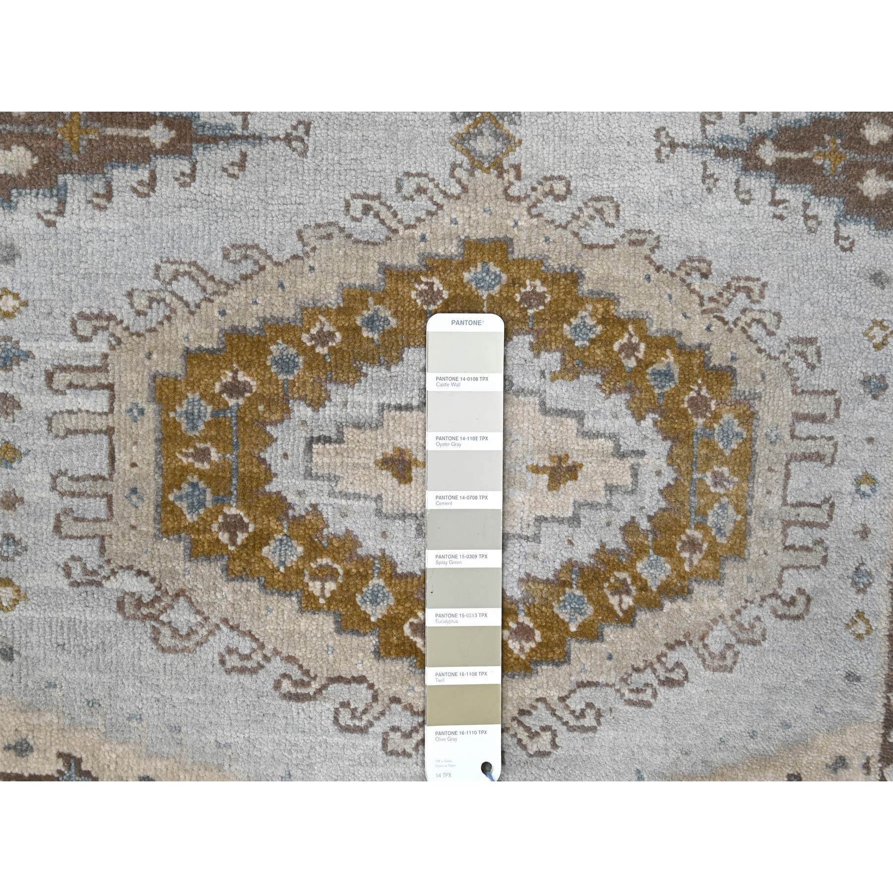2'9"x6' Krypton Gray, Hand Knotted, Soft and Velvety Wool, Persian Village Inspired Geometric Medallions Design, Densely Woven, Runner Oriental Rug HR84925 - Image 4