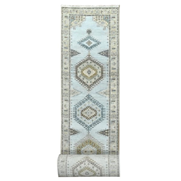 2'8"x23'10" Earl Gray and Navajo White, Natural Dyes, Densely Woven, Soft and Shiny Wool, Hand Knotted Persian Village Inspired Geometric Medallions, XL Runner Oriental Rug HR84928