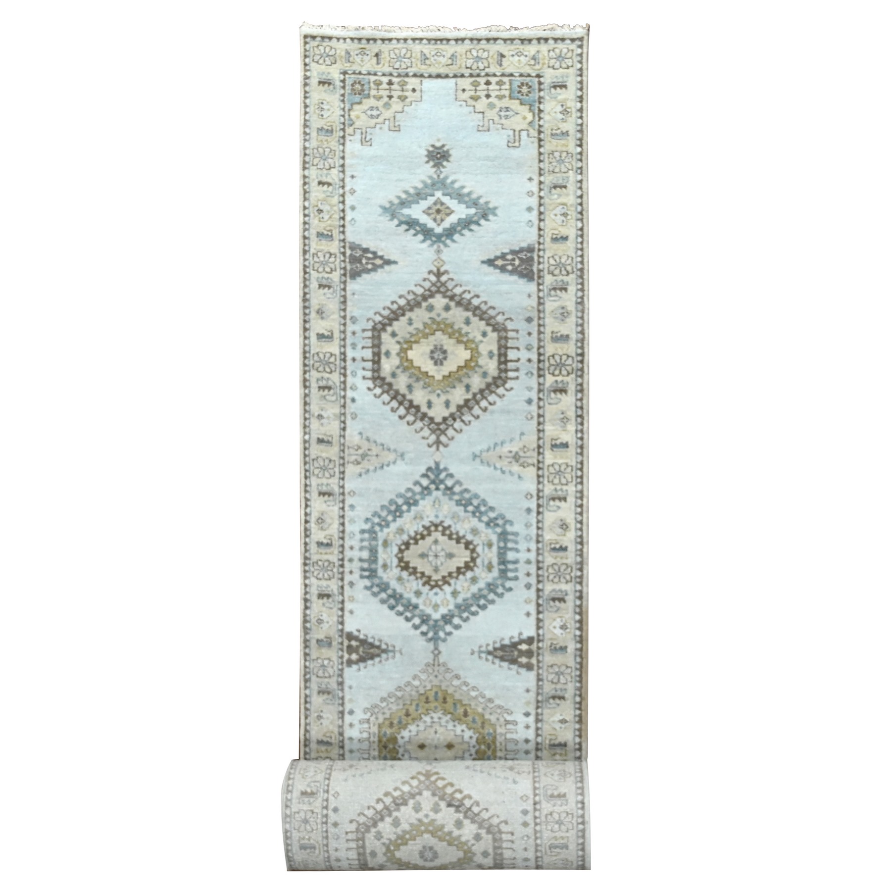 2'8"x23'10" Earl Gray and Navajo White, Natural Dyes, Densely Woven, Soft and Shiny Wool, Hand Knotted Persian Village Inspired Geometric Medallions, XL Runner Oriental Rug HR84928