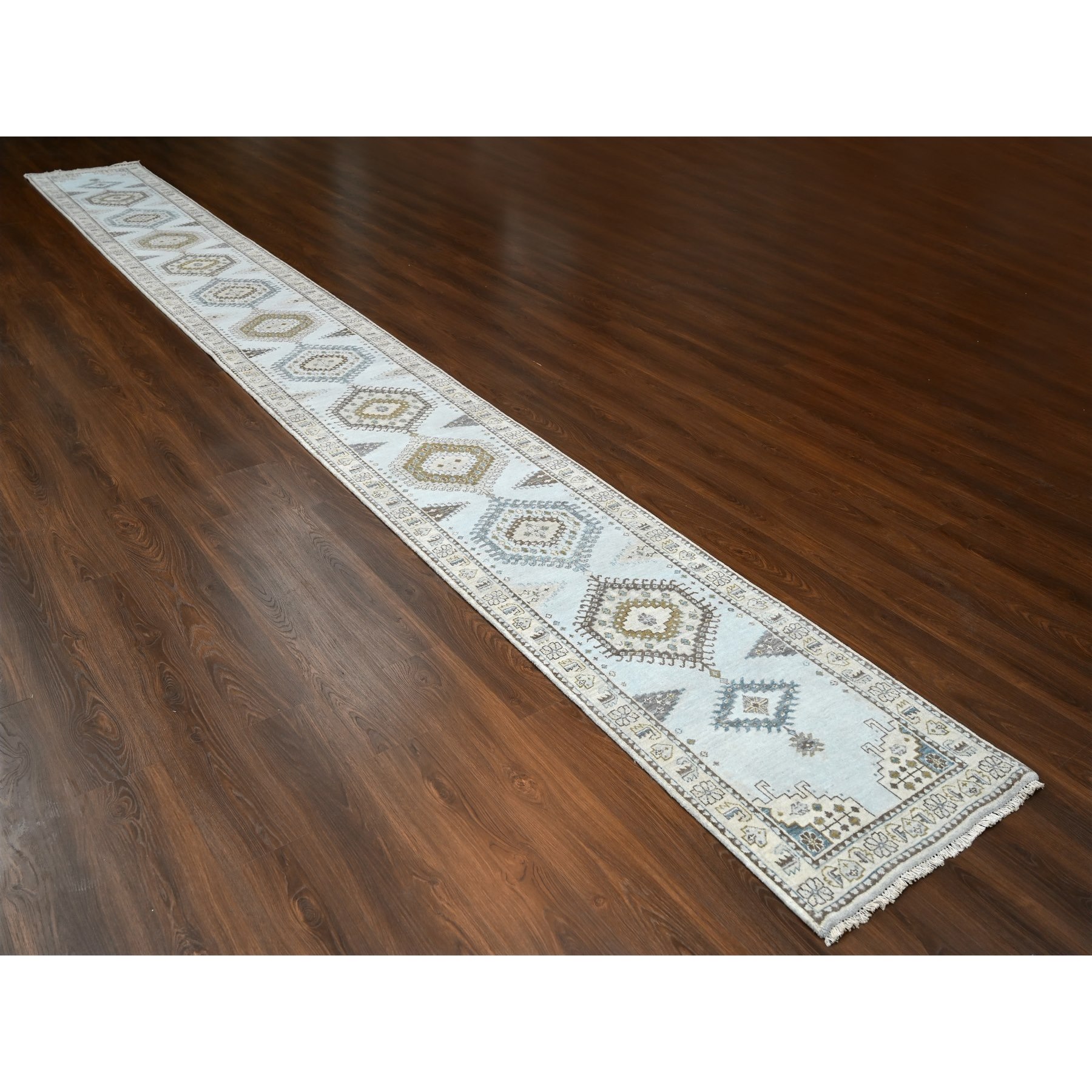 2'8"x23'10" Earl Gray and Navajo White, Natural Dyes, Densely Woven, Soft and Shiny Wool, Hand Knotted Persian Village Inspired Geometric Medallions, XL Runner Oriental Rug HR84928 - Image 2