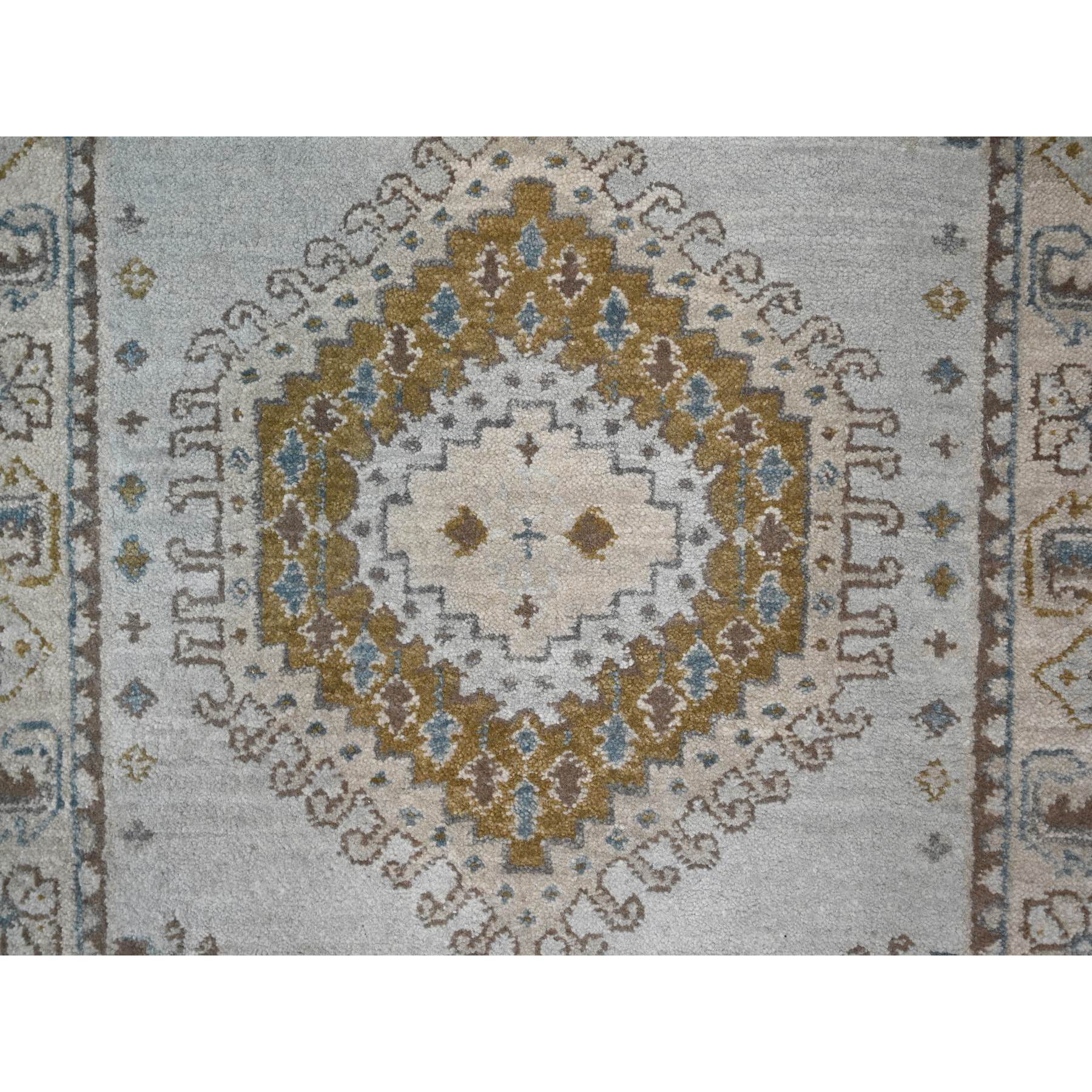 2'8"x23'10" Earl Gray and Navajo White, Natural Dyes, Densely Woven, Soft and Shiny Wool, Hand Knotted Persian Village Inspired Geometric Medallions, XL Runner Oriental Rug HR84928 - Image 5