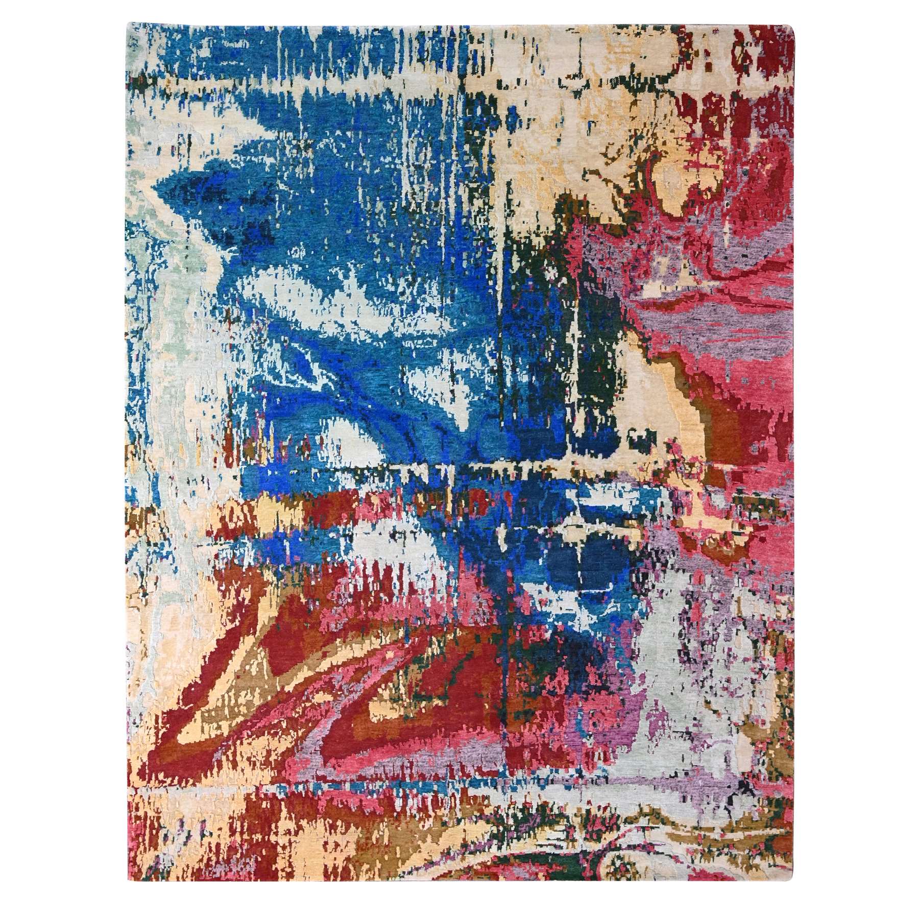 9'4"x12'3" Mediterranea Blue and Bruchetta Red, Pop Of Colors, Modern Abstract Design Shiny Wool, Hand Knotted Tone On Tone, Nepali 100 Knots Weave, Oriental Rug HR84930