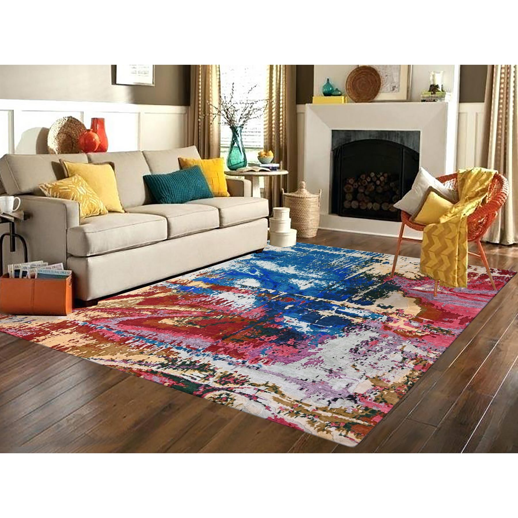9'4"x12'3" Mediterranea Blue and Bruchetta Red, Pop Of Colors, Modern Abstract Design Shiny Wool, Hand Knotted Tone On Tone, Nepali 100 Knots Weave, Oriental Rug HR84930 - Image 2