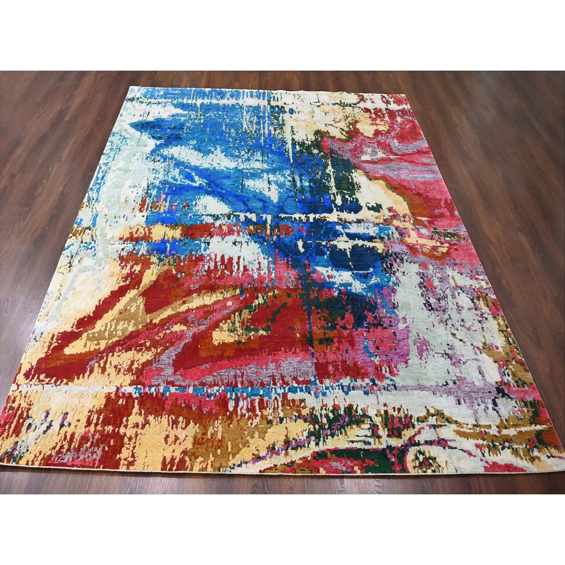 9'4"x12'3" Mediterranea Blue and Bruchetta Red, Pop Of Colors, Modern Abstract Design Shiny Wool, Hand Knotted Tone On Tone, Nepali 100 Knots Weave, Oriental Rug HR84930 - Image 3