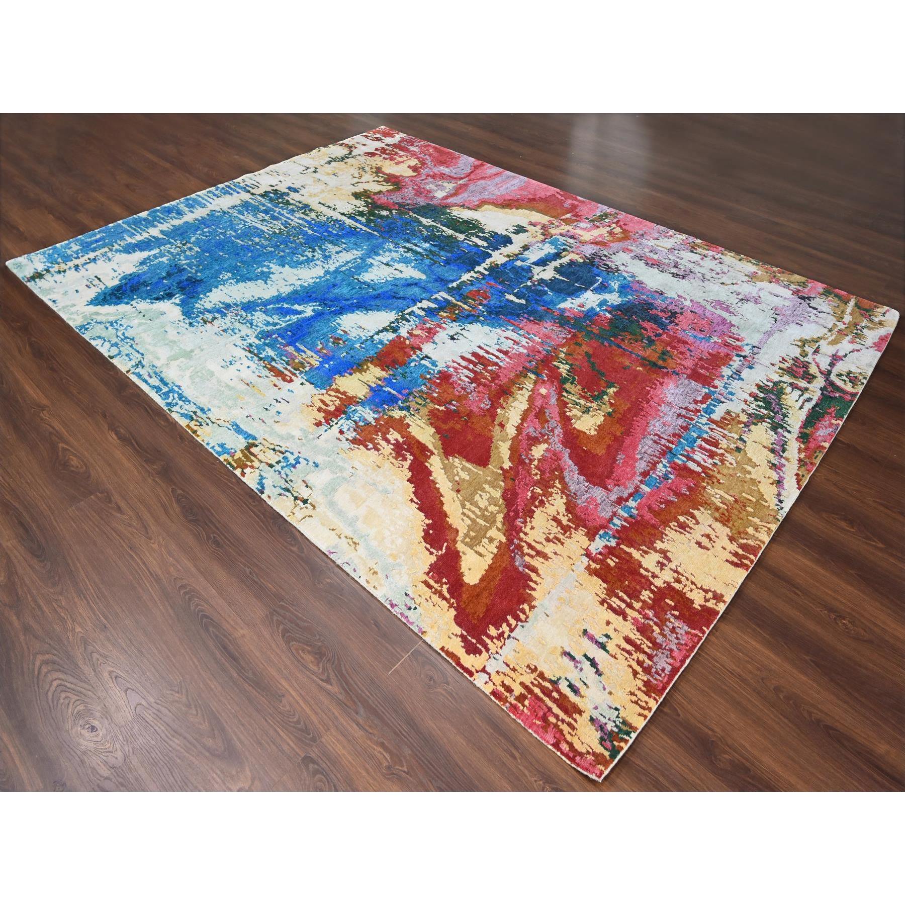 9'4"x12'3" Mediterranea Blue and Bruchetta Red, Pop Of Colors, Modern Abstract Design Shiny Wool, Hand Knotted Tone On Tone, Nepali 100 Knots Weave, Oriental Rug HR84930 - Image 4