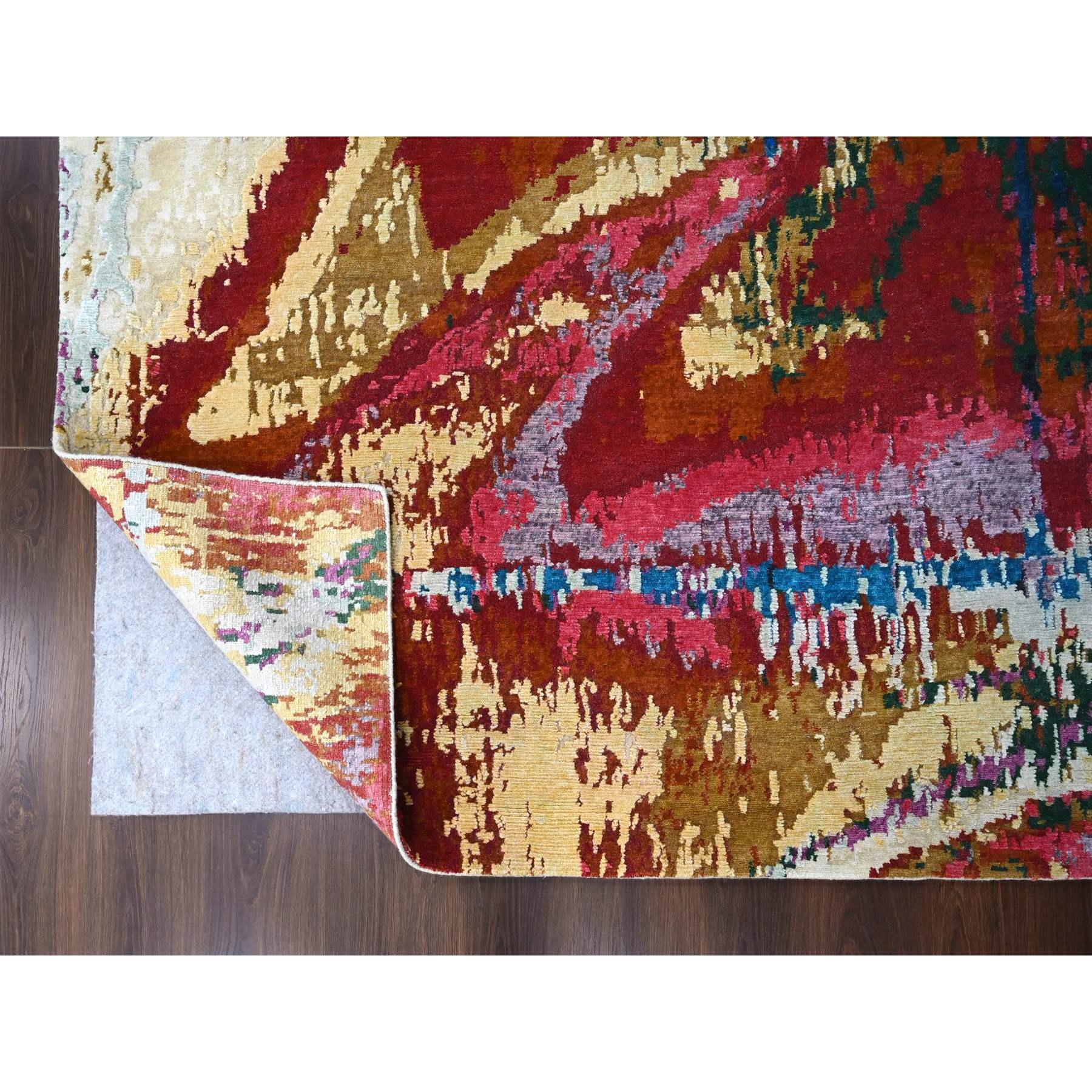 9'4"x12'3" Mediterranea Blue and Bruchetta Red, Pop Of Colors, Modern Abstract Design Shiny Wool, Hand Knotted Tone On Tone, Nepali 100 Knots Weave, Oriental Rug HR84930 - Image 5