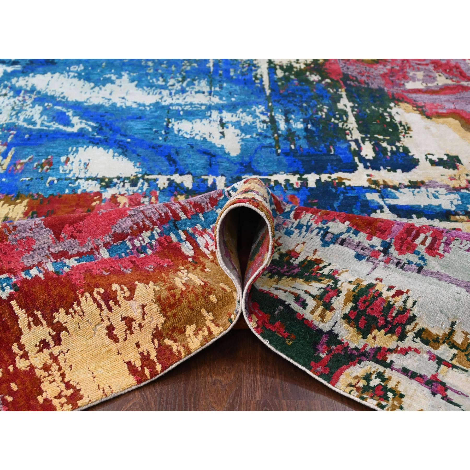 9'4"x12'3" Mediterranea Blue and Bruchetta Red, Pop Of Colors, Modern Abstract Design Shiny Wool, Hand Knotted Tone On Tone, Nepali 100 Knots Weave, Oriental Rug HR84930 - Image 6