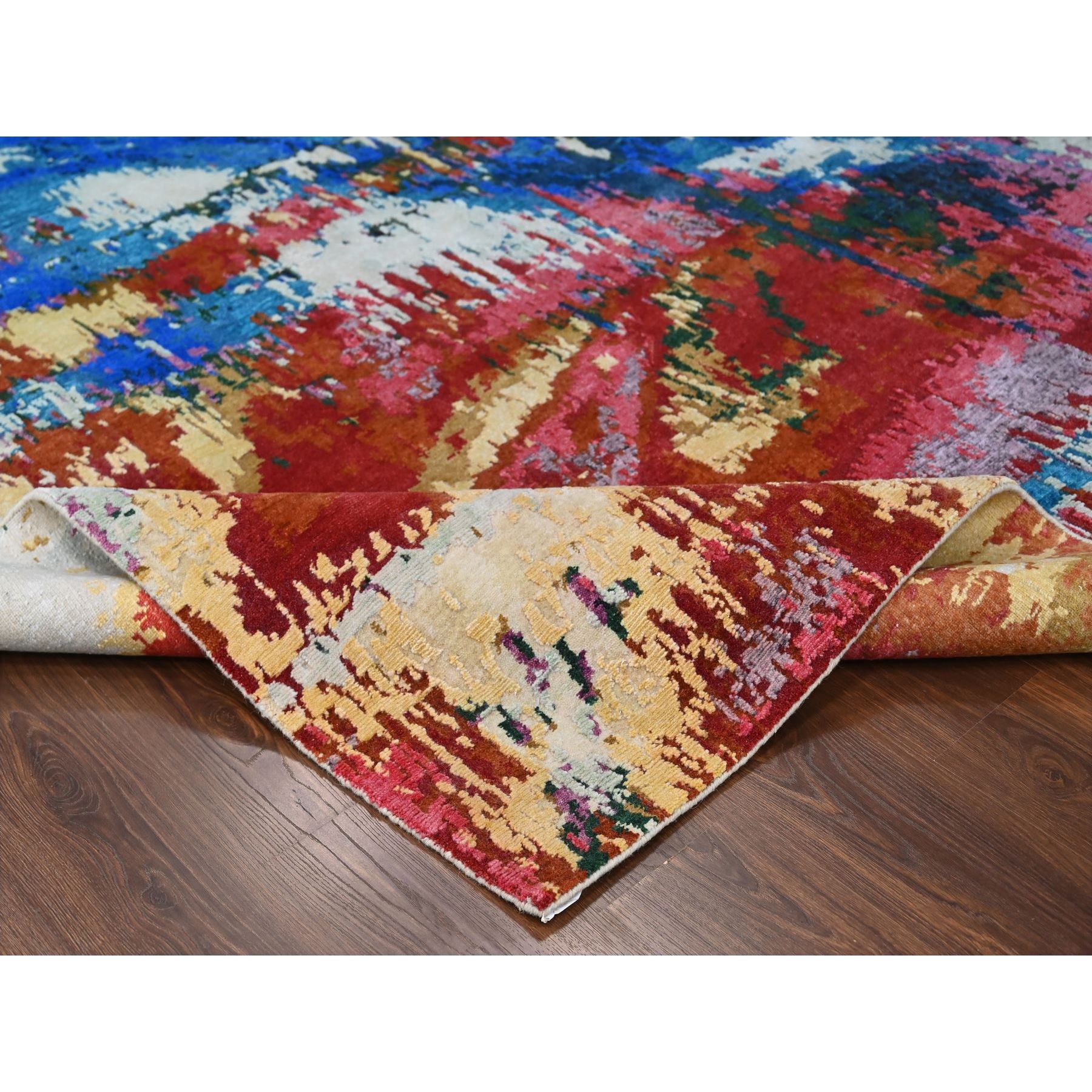 9'4"x12'3" Mediterranea Blue and Bruchetta Red, Pop Of Colors, Modern Abstract Design Shiny Wool, Hand Knotted Tone On Tone, Nepali 100 Knots Weave, Oriental Rug HR84930 - Image 7
