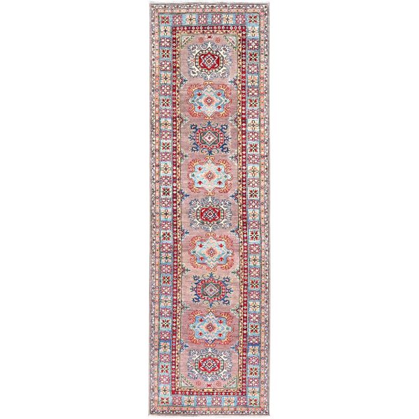 2'7"x9'3" Silver Pink Gray, Natural Dyes, Hand Knotted Densely Woven, Kazak with Geometric Pattern, Oriental Extra Soft Wool Runner Rug HR86289