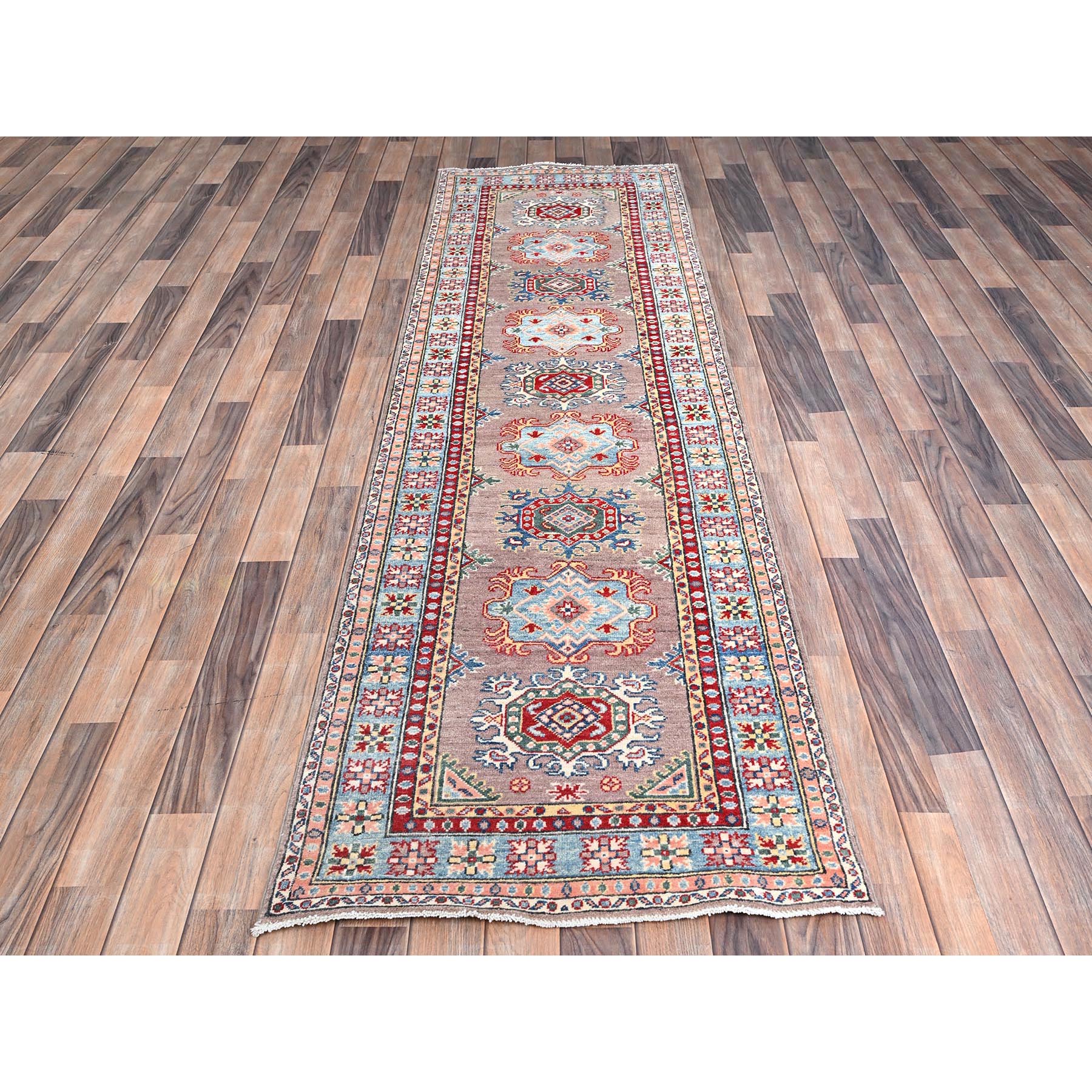 2'7"x9'3" Silver Pink Gray, Natural Dyes, Hand Knotted Densely Woven, Kazak with Geometric Pattern, Oriental Extra Soft Wool Runner Rug HR86289 - Image 2