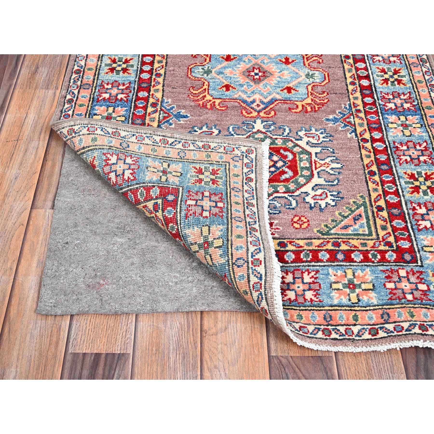 2'7"x9'3" Silver Pink Gray, Natural Dyes, Hand Knotted Densely Woven, Kazak with Geometric Pattern, Oriental Extra Soft Wool Runner Rug HR86289 - Image 3