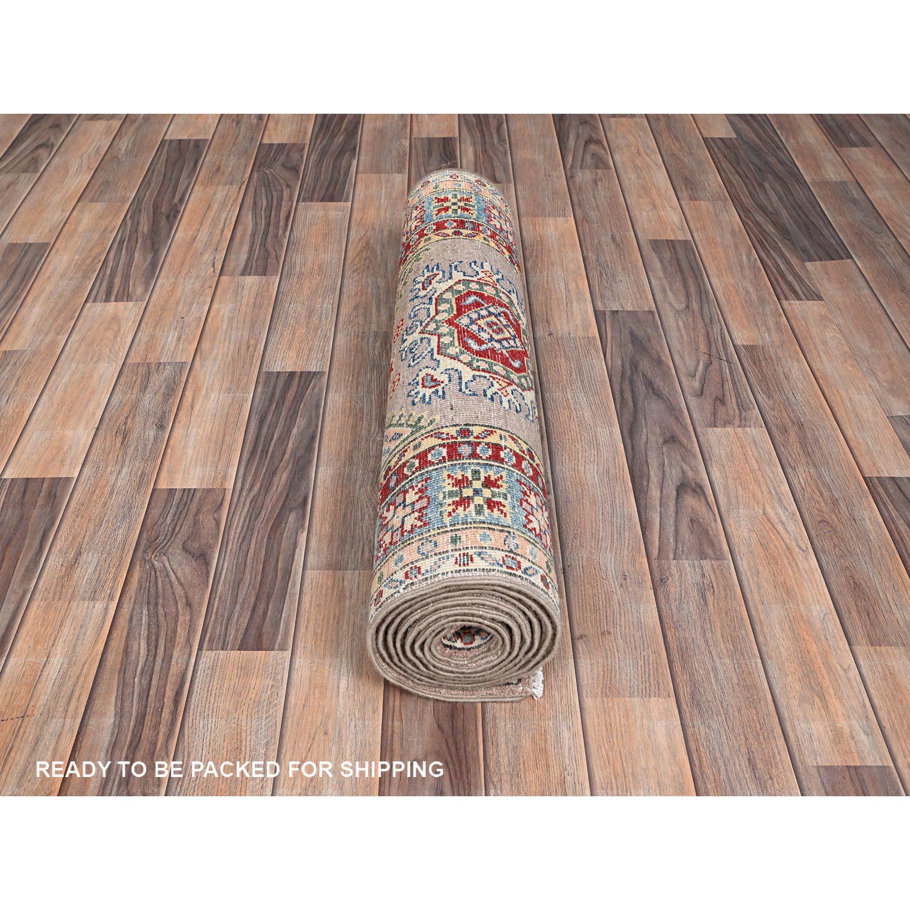 2'7"x9'3" Silver Pink Gray, Natural Dyes, Hand Knotted Densely Woven, Kazak with Geometric Pattern, Oriental Extra Soft Wool Runner Rug HR86289 - Image 5