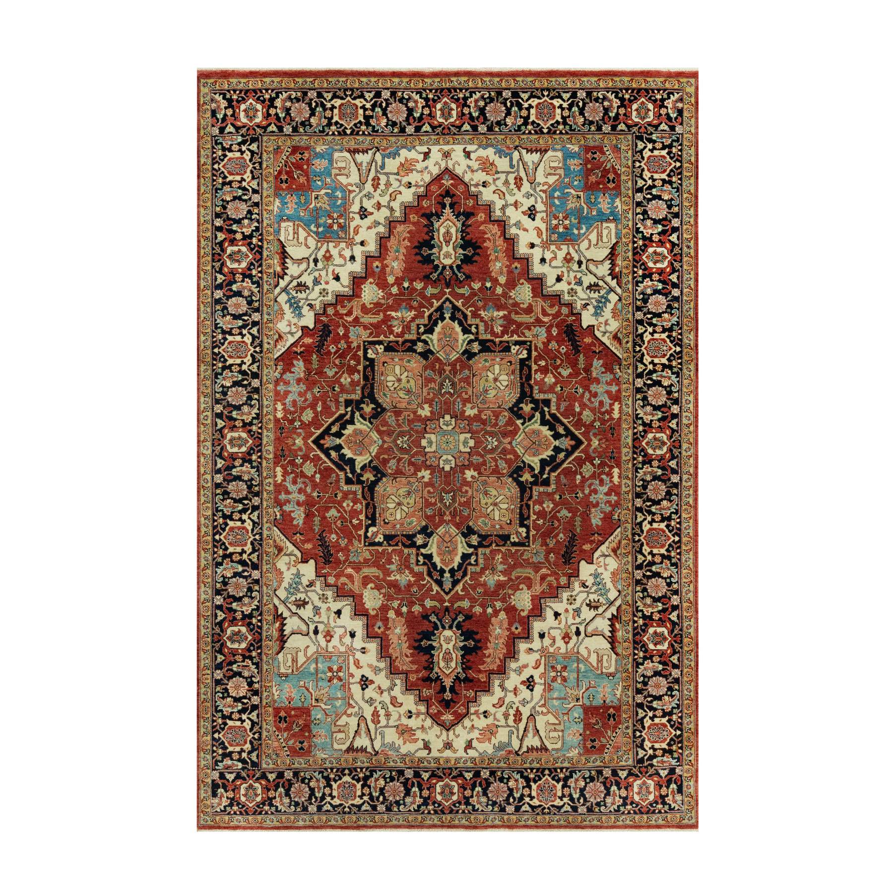 6'x9'1" Tanager Red With Club Navy Blue, Antiqued Fine Heriz, Re-Creation, Hand Knotted All Wool Plush Pile, Densely Woven, Vegetable Dyes, Oriental Rug HR90643