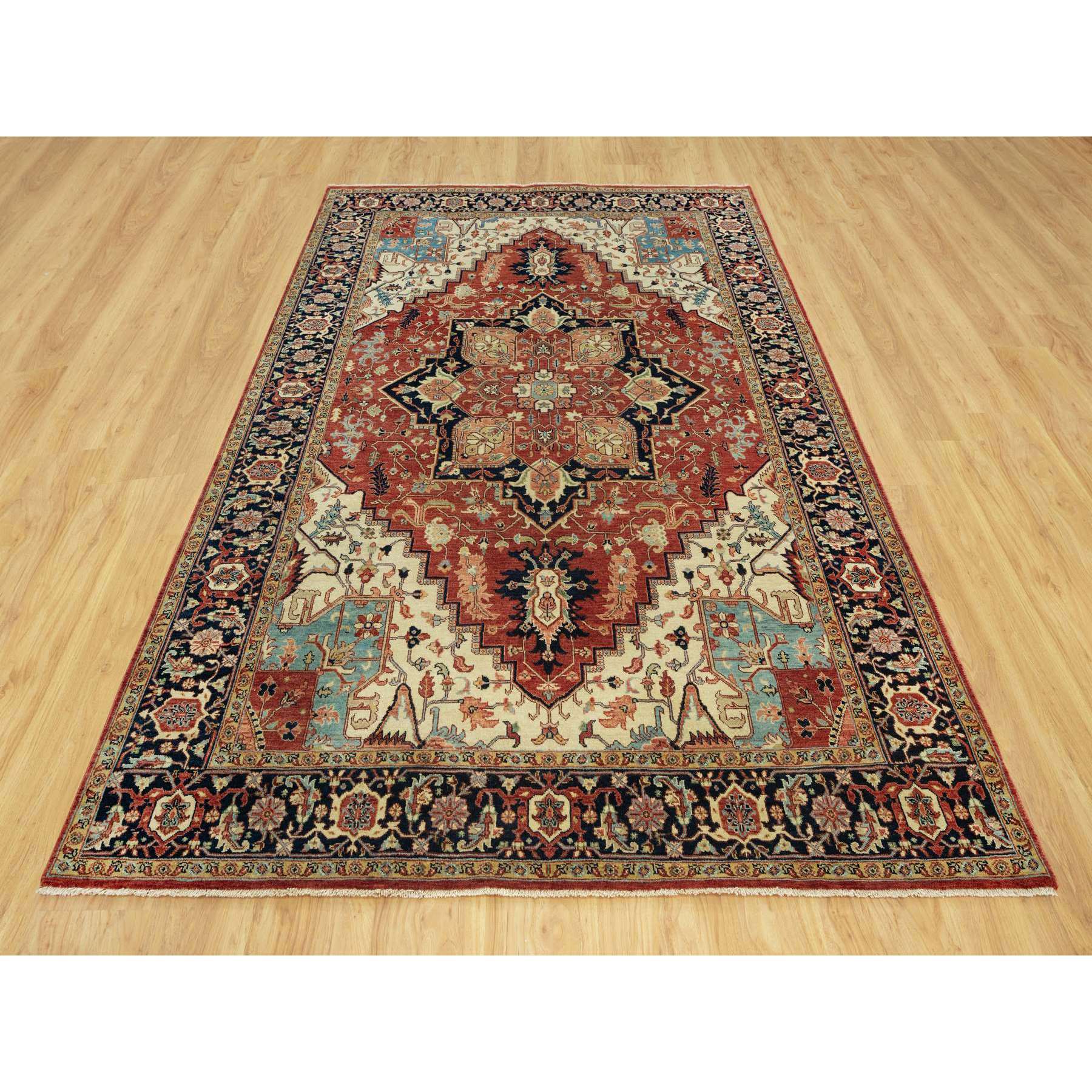 6'x9'1" Tanager Red With Club Navy Blue, Antiqued Fine Heriz, Re-Creation, Hand Knotted All Wool Plush Pile, Densely Woven, Vegetable Dyes, Oriental Rug HR90643 - Image 2