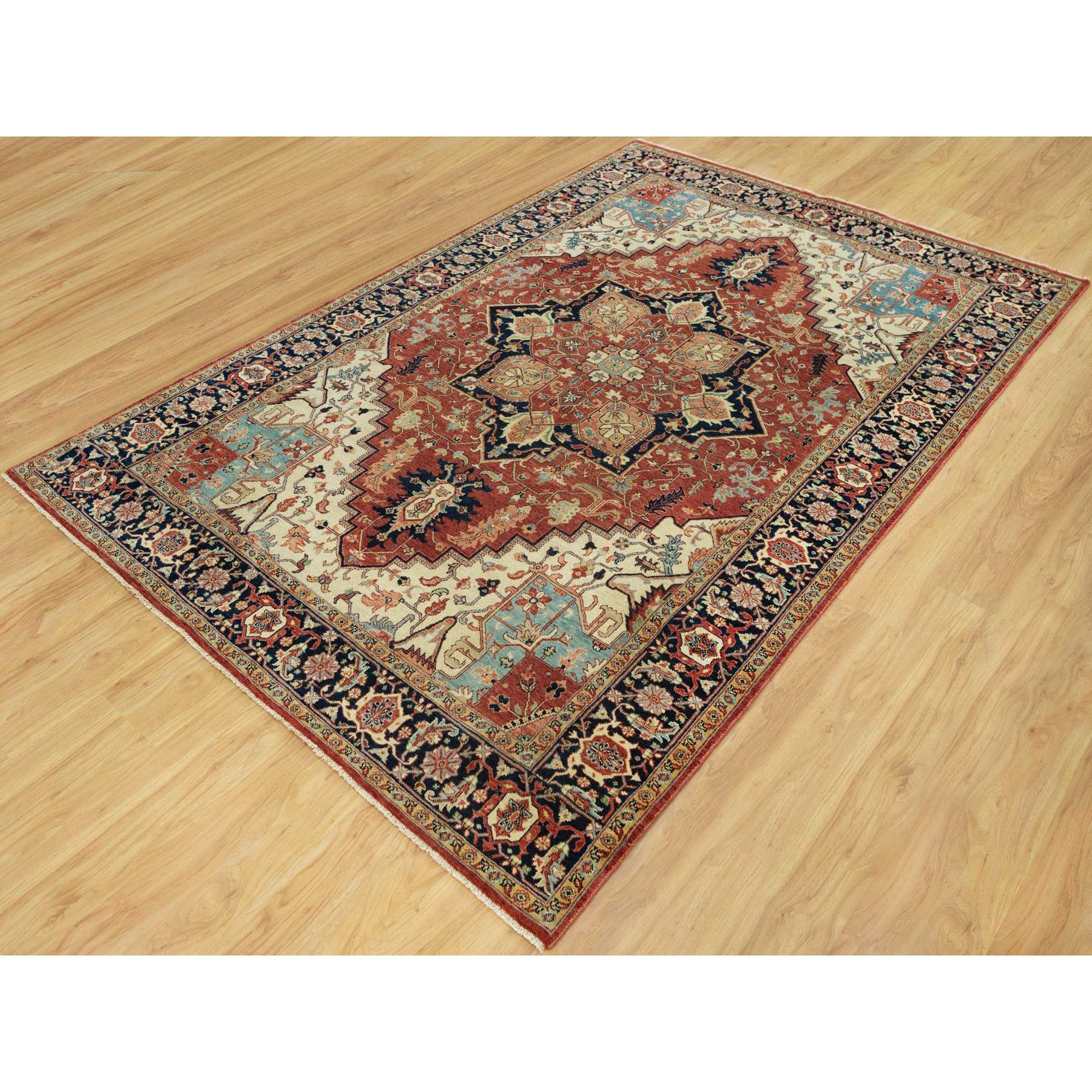 6'x9'1" Tanager Red With Club Navy Blue, Antiqued Fine Heriz, Re-Creation, Hand Knotted All Wool Plush Pile, Densely Woven, Vegetable Dyes, Oriental Rug HR90643 - Image 3
