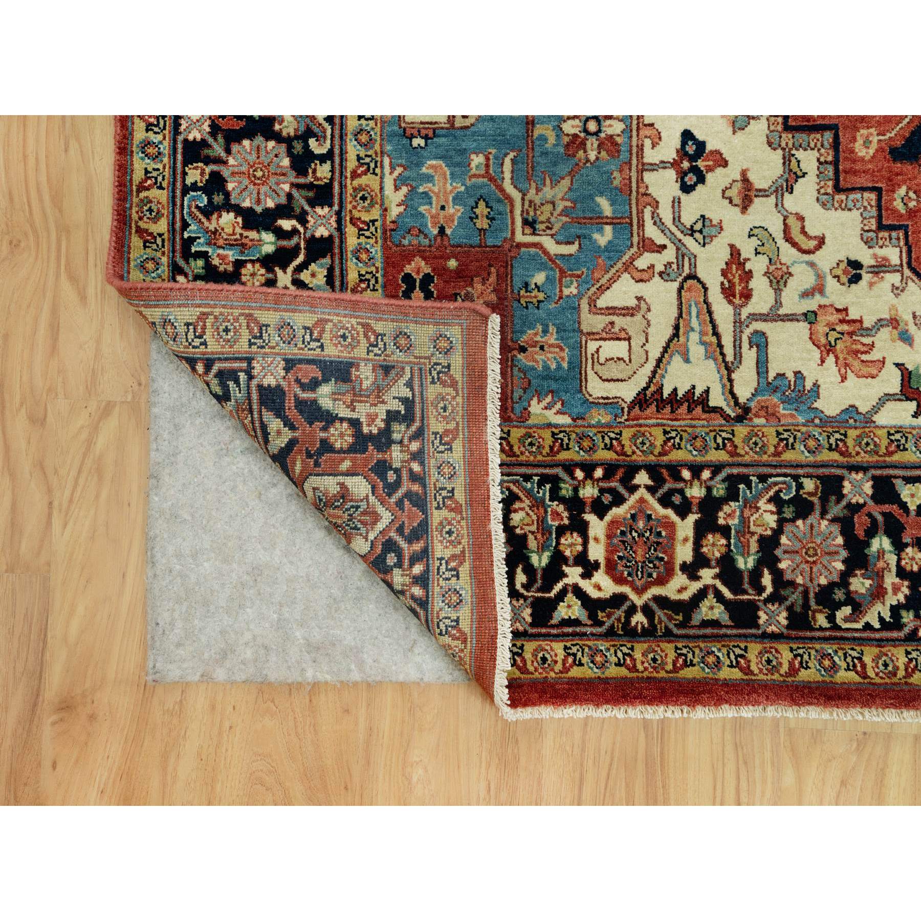 6'x9'1" Tanager Red With Club Navy Blue, Antiqued Fine Heriz, Re-Creation, Hand Knotted All Wool Plush Pile, Densely Woven, Vegetable Dyes, Oriental Rug HR90643 - Image 4