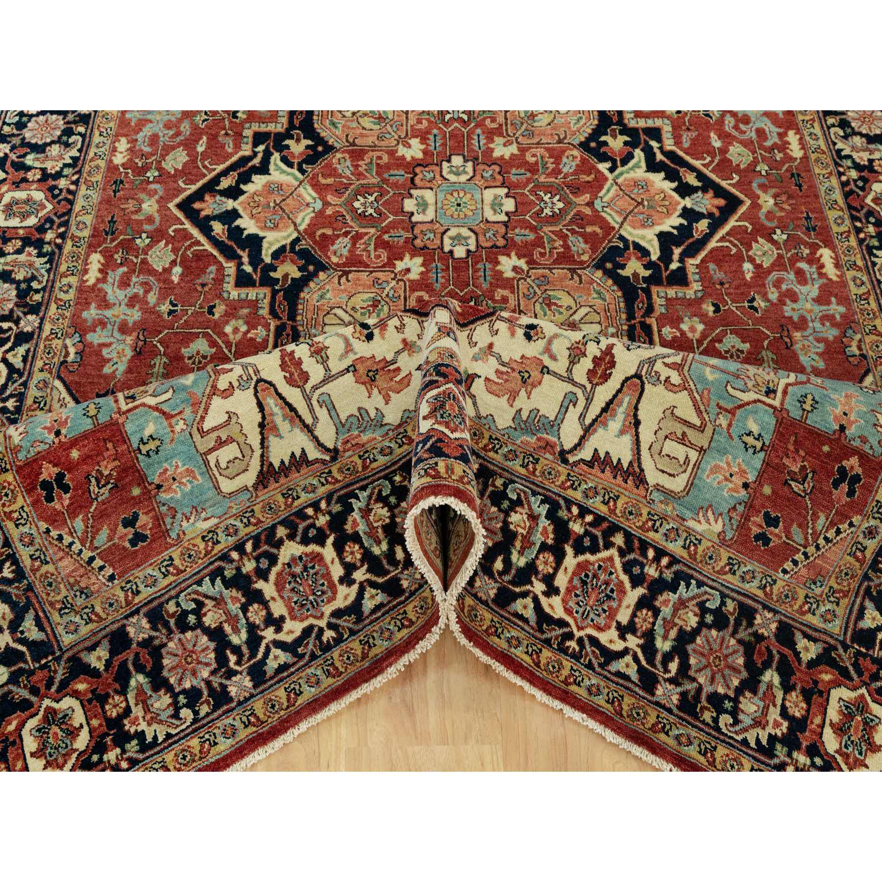 6'x9'1" Tanager Red With Club Navy Blue, Antiqued Fine Heriz, Re-Creation, Hand Knotted All Wool Plush Pile, Densely Woven, Vegetable Dyes, Oriental Rug HR90643 - Image 5