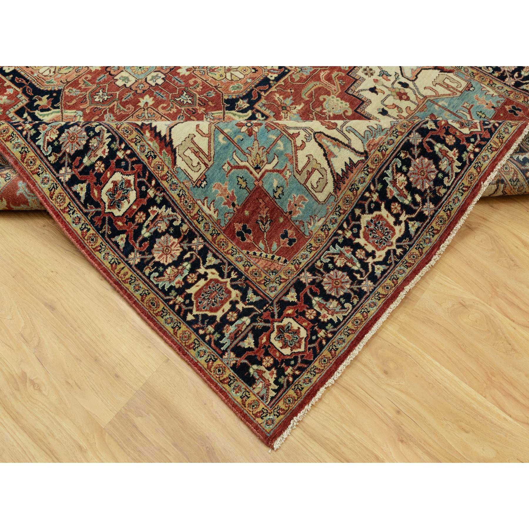 6'x9'1" Tanager Red With Club Navy Blue, Antiqued Fine Heriz, Re-Creation, Hand Knotted All Wool Plush Pile, Densely Woven, Vegetable Dyes, Oriental Rug HR90643 - Image 6