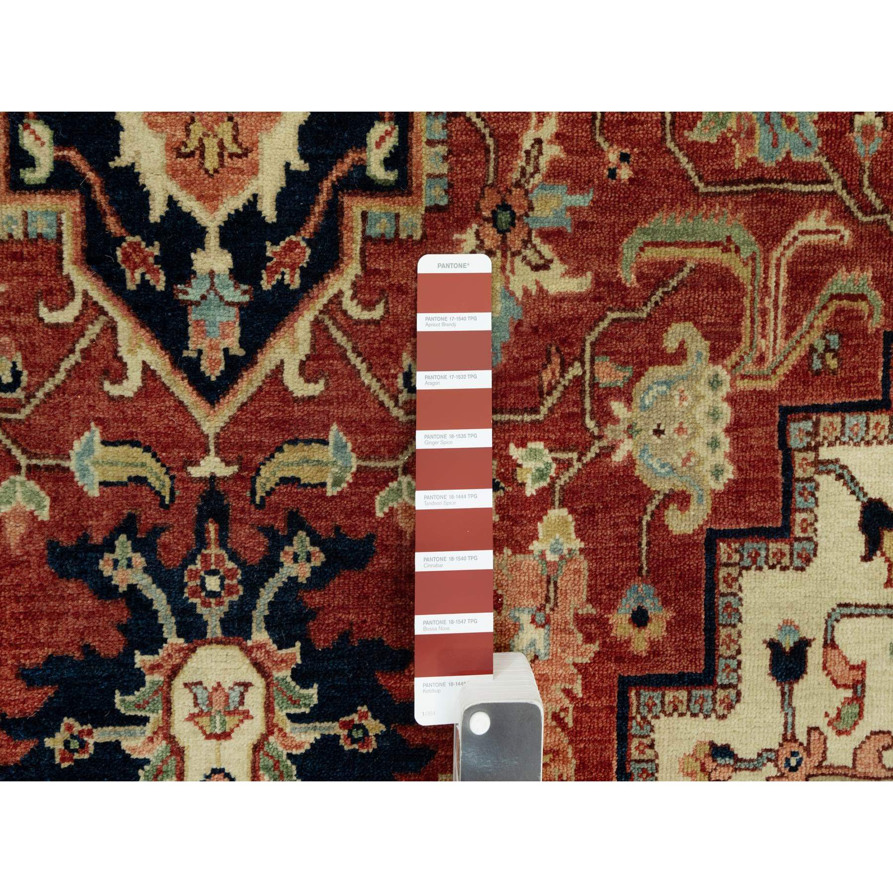 6'x9'1" Tanager Red With Club Navy Blue, Antiqued Fine Heriz, Re-Creation, Hand Knotted All Wool Plush Pile, Densely Woven, Vegetable Dyes, Oriental Rug HR90643 - Image 7