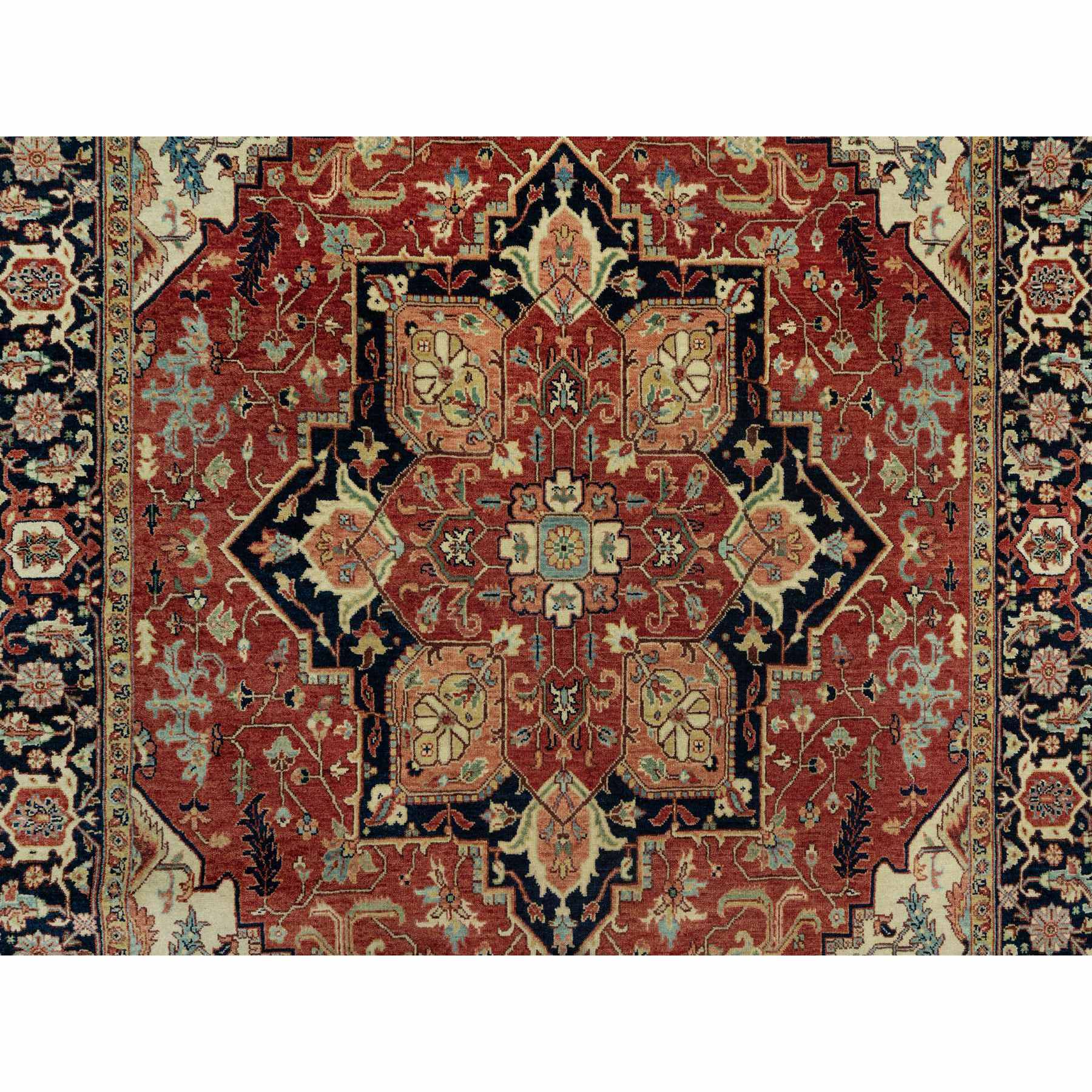 6'x9'1" Tanager Red With Club Navy Blue, Antiqued Fine Heriz, Re-Creation, Hand Knotted All Wool Plush Pile, Densely Woven, Vegetable Dyes, Oriental Rug HR90643 - Image 8