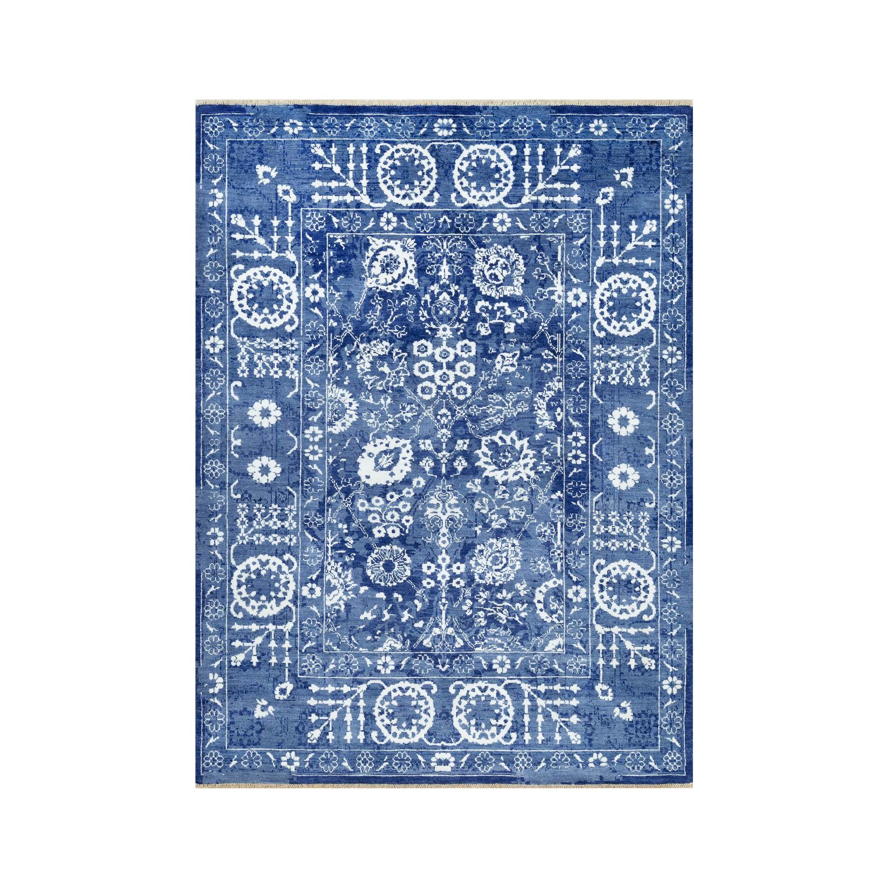 5'1"x6'10" Revel Blue, Tone on Tone, Hand Knotted Borderless Tabriz All Over Leaf Design, Wool and Silk, Oriental Rug HR90673