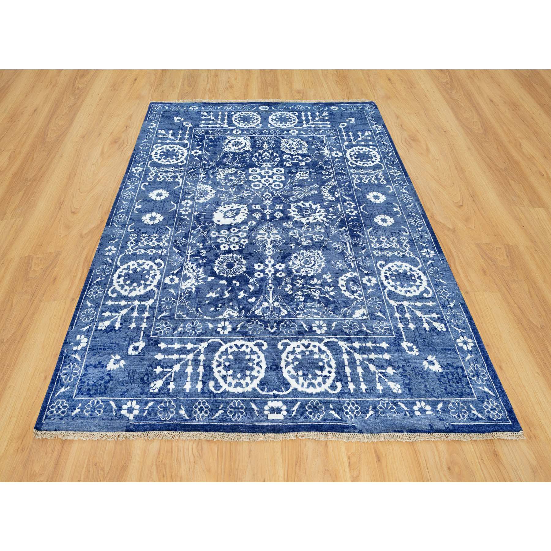 5'1"x6'10" Revel Blue, Tone on Tone, Hand Knotted Borderless Tabriz All Over Leaf Design, Wool and Silk, Oriental Rug HR90673 - Image 2