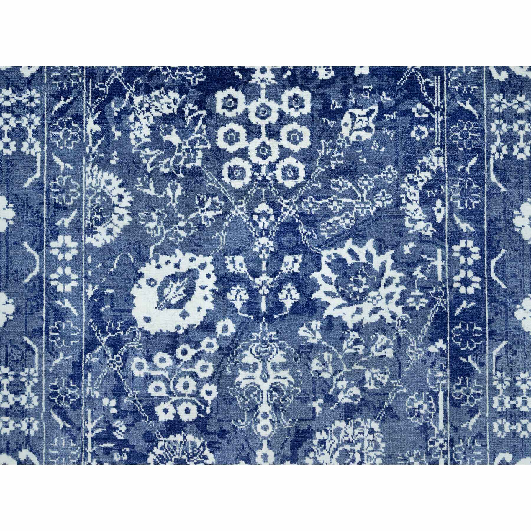 5'1"x6'10" Revel Blue, Tone on Tone, Hand Knotted Borderless Tabriz All Over Leaf Design, Wool and Silk, Oriental Rug HR90673 - Image 5