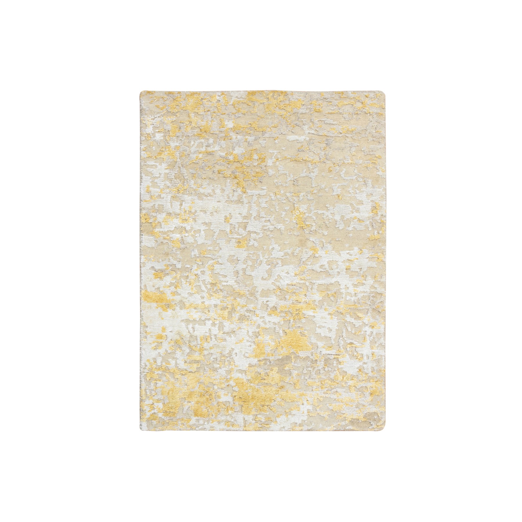 2'x2'9" Gold-Cream Hand Knotted Abstract Design, Hi-Low Pile, Wool and Silk Mat Oriental Rug HR64344