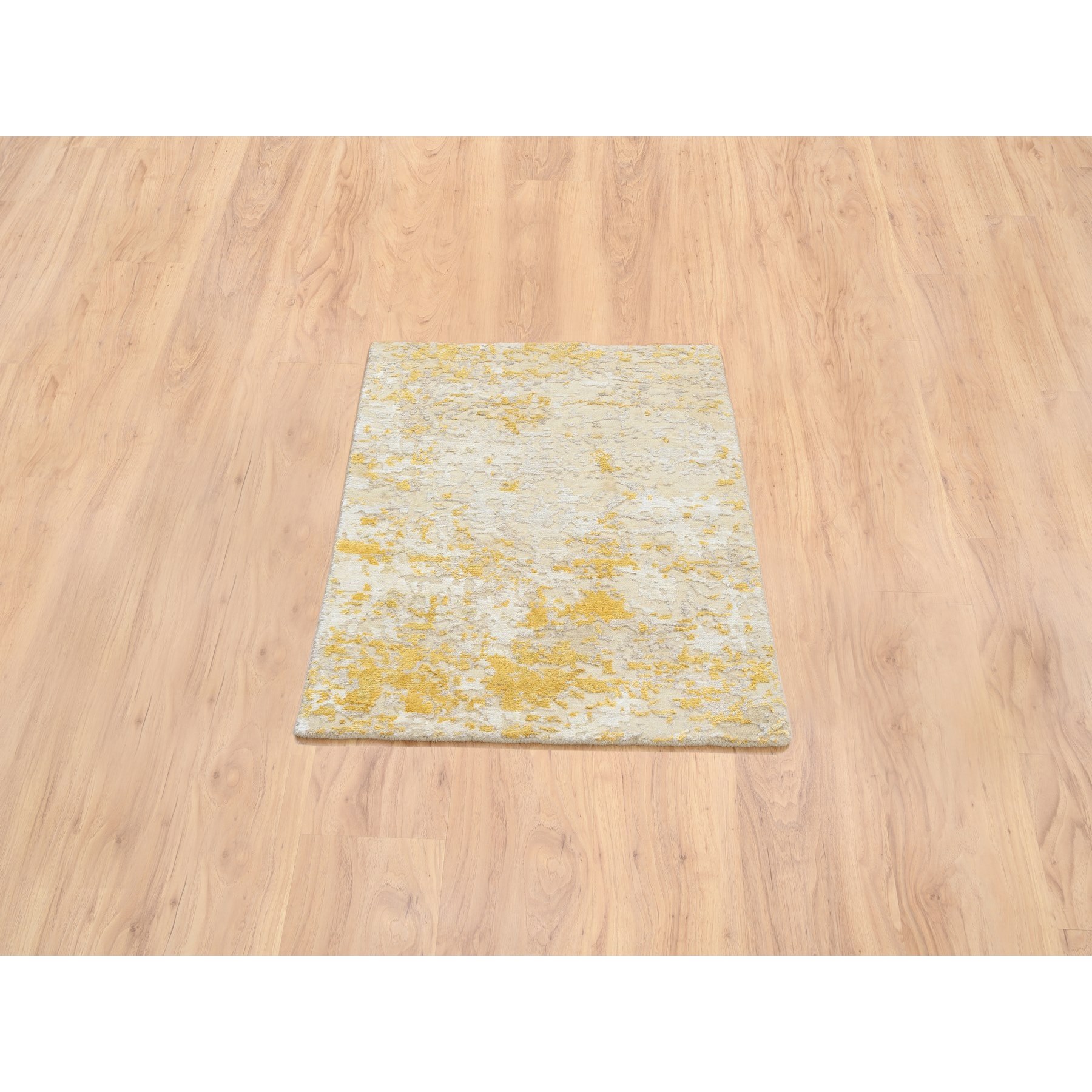 2'x2'9" Gold-Cream Hand Knotted Abstract Design, Hi-Low Pile, Wool and Silk Mat Oriental Rug HR64344 - Image 2