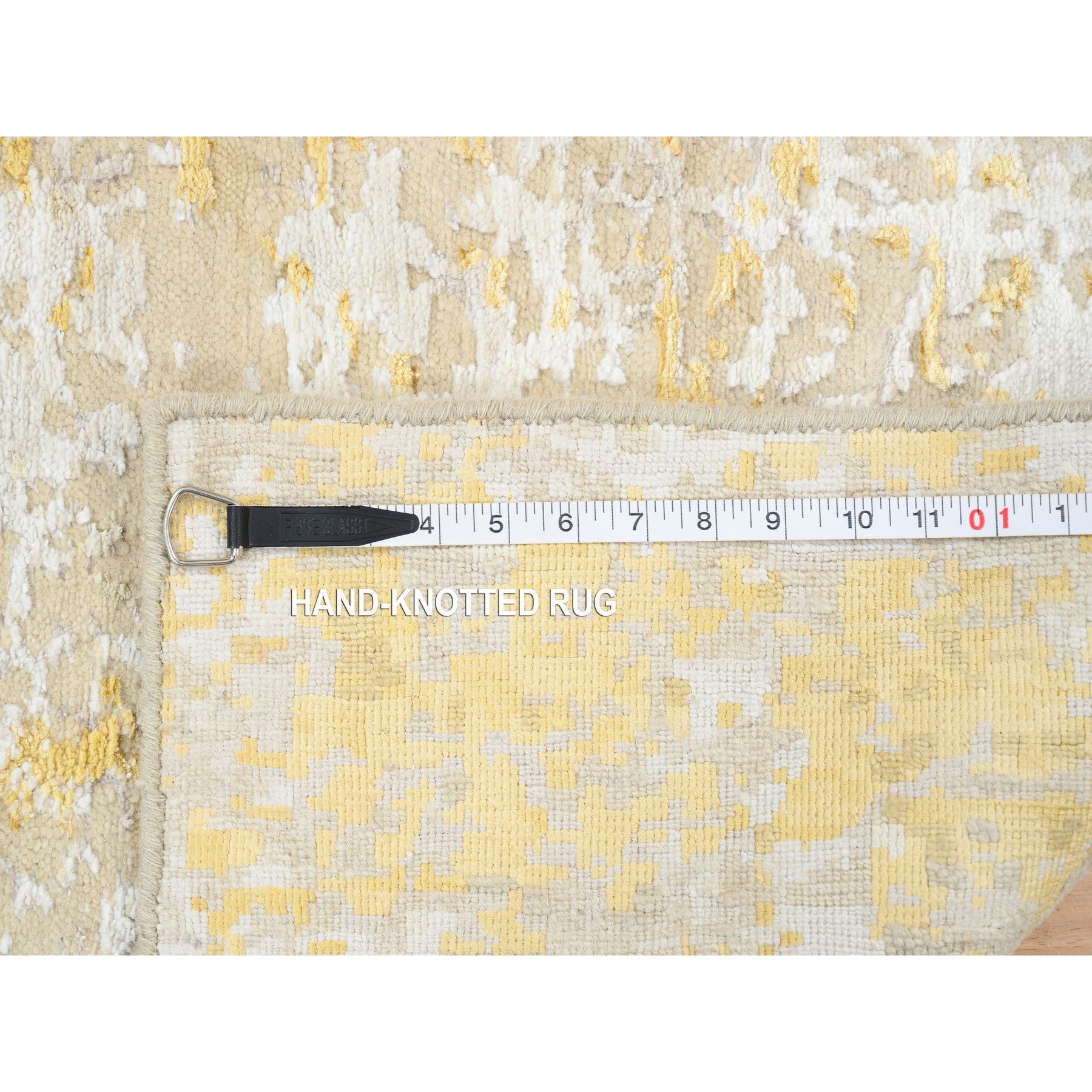 2'x2'9" Gold-Cream Hand Knotted Abstract Design, Hi-Low Pile, Wool and Silk Mat Oriental Rug HR64344 - Image 8